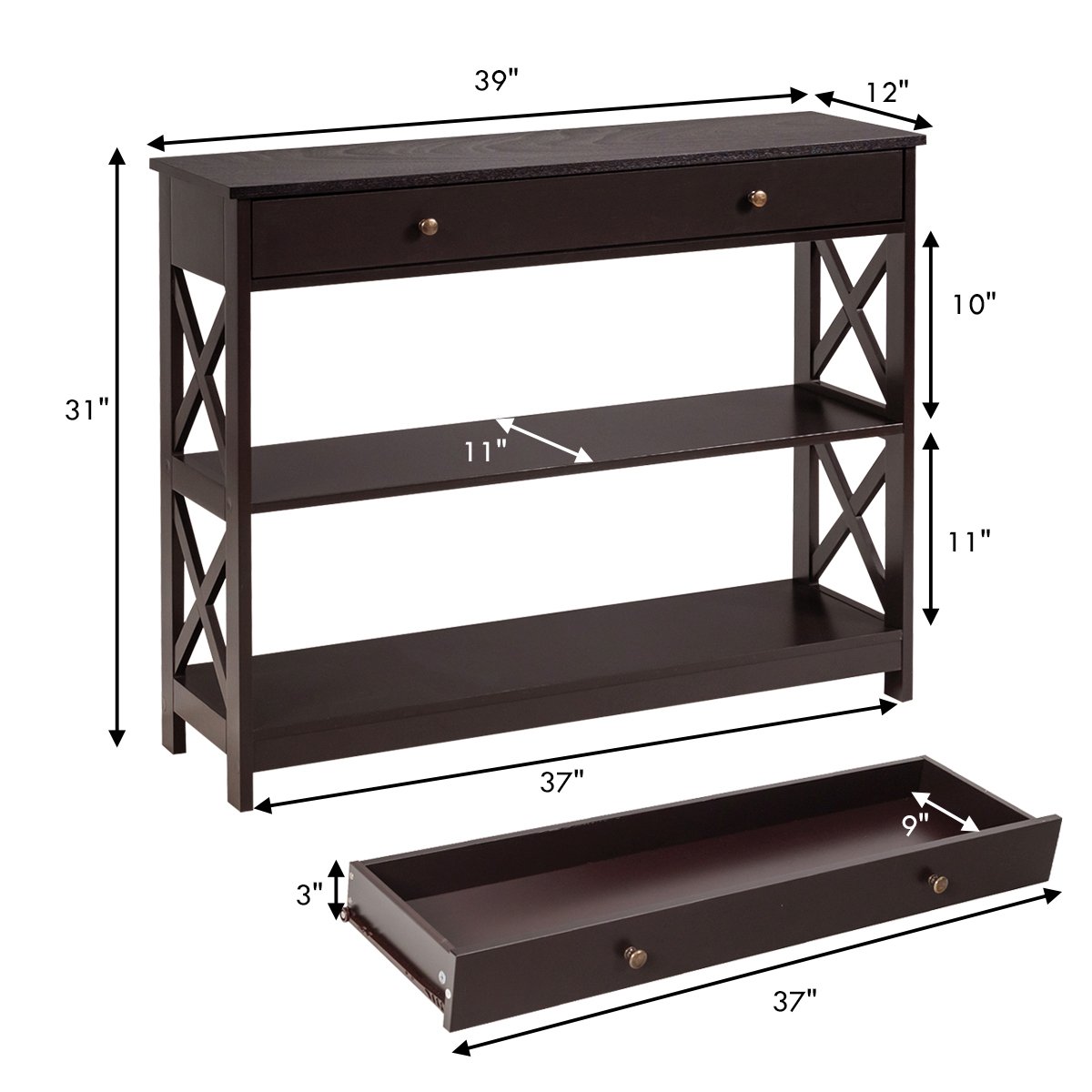 Console Table 3-Tier with Drawer and Storage Shelves, Dark Brown Console Tables   at Gallery Canada