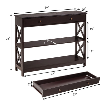 Console Table 3-Tier with Drawer and Storage Shelves, Dark Brown - Gallery Canada