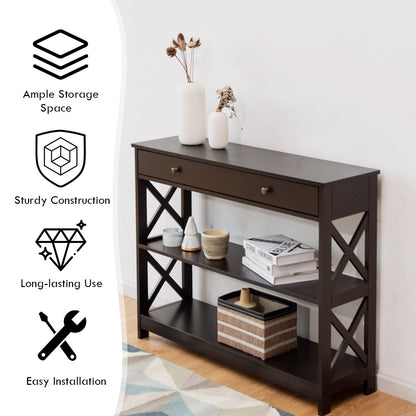 Console Table 3-Tier with Drawer and Storage Shelves, Dark Brown - Gallery Canada