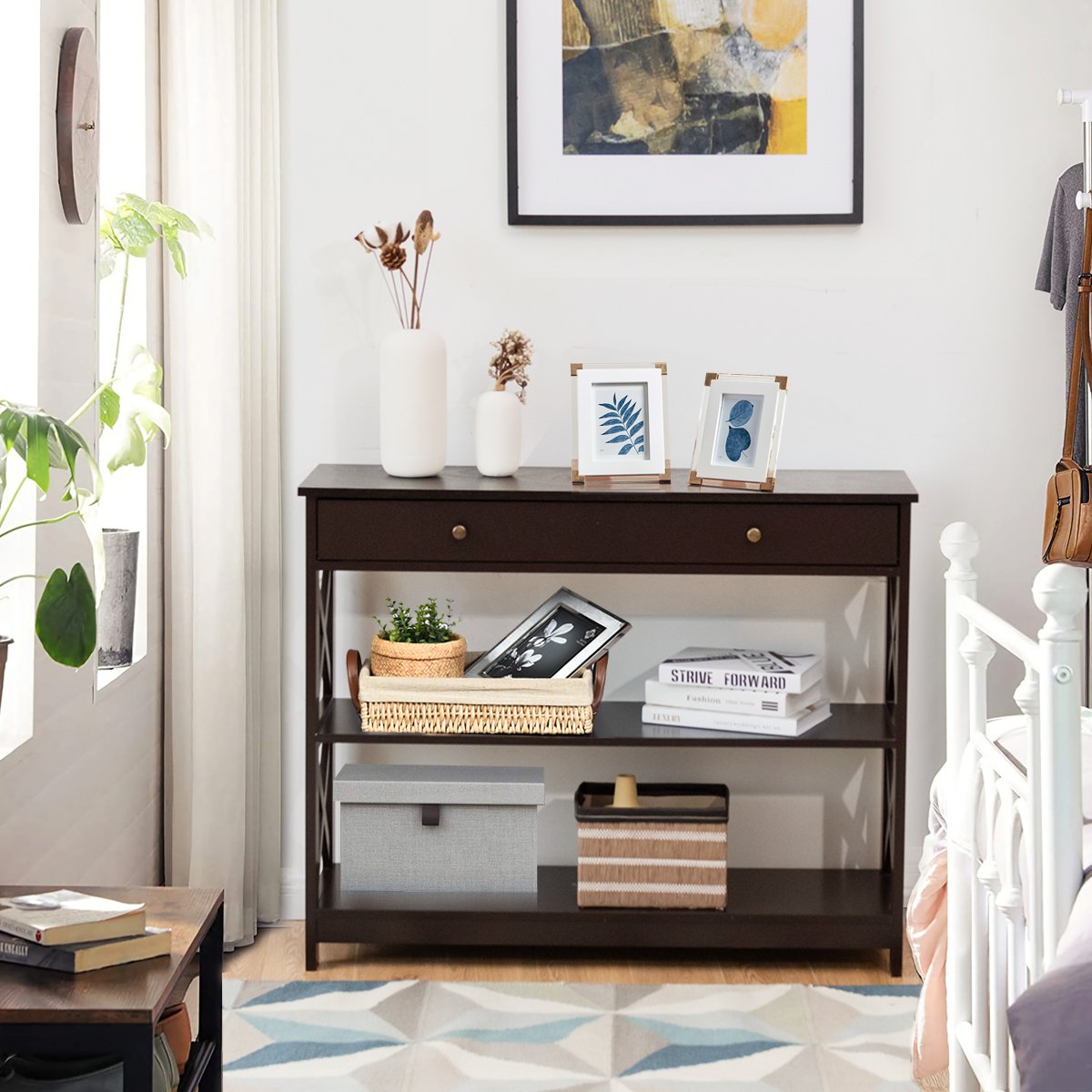 Console Table 3-Tier with Drawer and Storage Shelves, Dark Brown - Gallery Canada