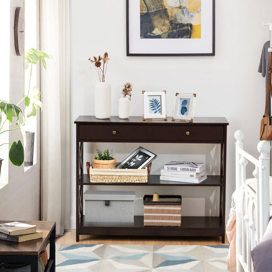 Console Table 3-Tier with Drawer and Storage Shelves, Dark Brown Console Tables   at Gallery Canada