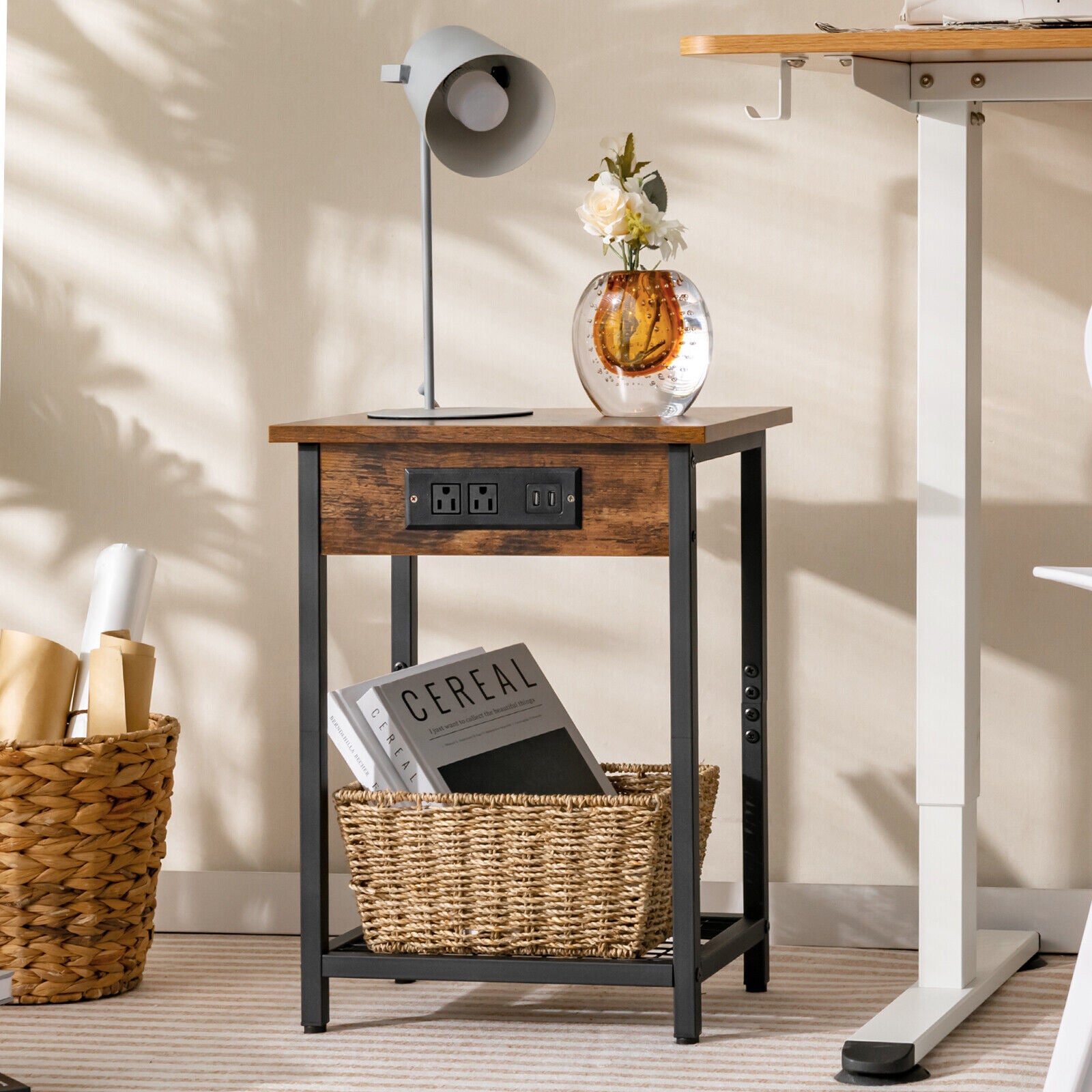 2 Pieces Bedside Nightstand Set with Open Shelf and Charging Station, Rustic Brown Nightstands at Gallery Canada