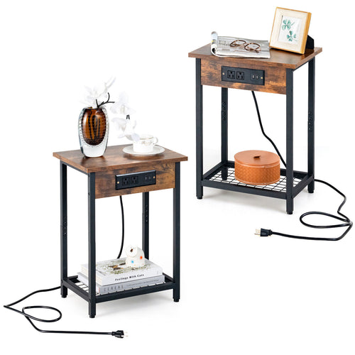 2 Pieces Bedside Nightstand Set with Open Shelf and Charging Station, Rustic Brown