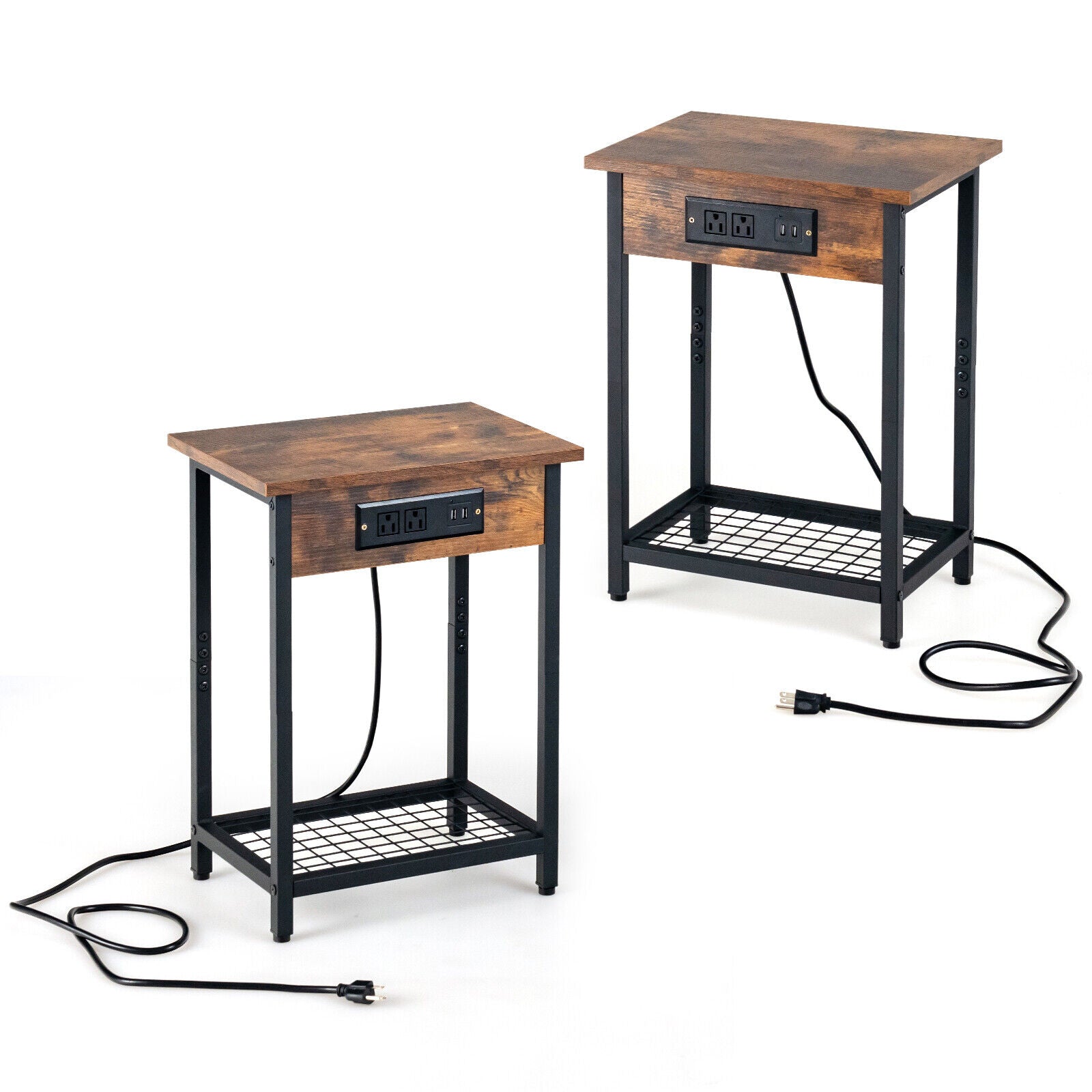 2 Pieces Bedside Nightstand Set with Open Shelf and Charging Station, Rustic Brown Nightstands at Gallery Canada