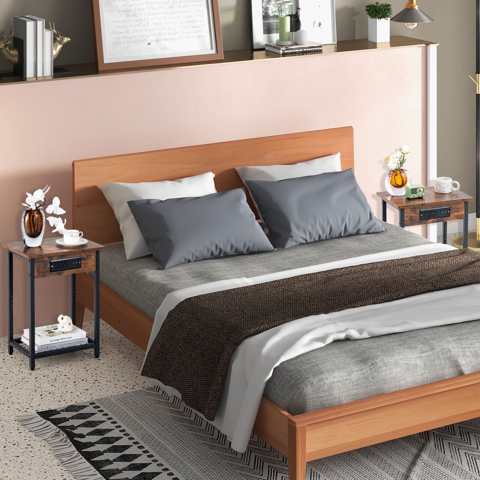 2 Pieces Bedside Nightstand Set with Open Shelf and Charging Station, Rustic Brown Nightstands at Gallery Canada