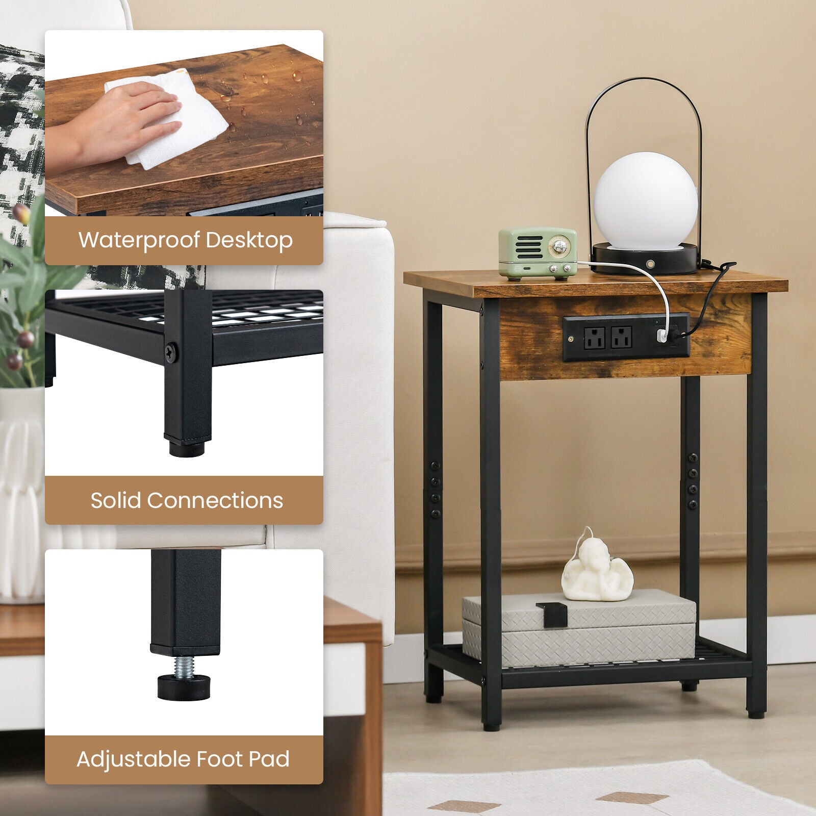 2 Pieces Bedside Nightstand Set with Open Shelf and Charging Station, Rustic Brown Nightstands at Gallery Canada