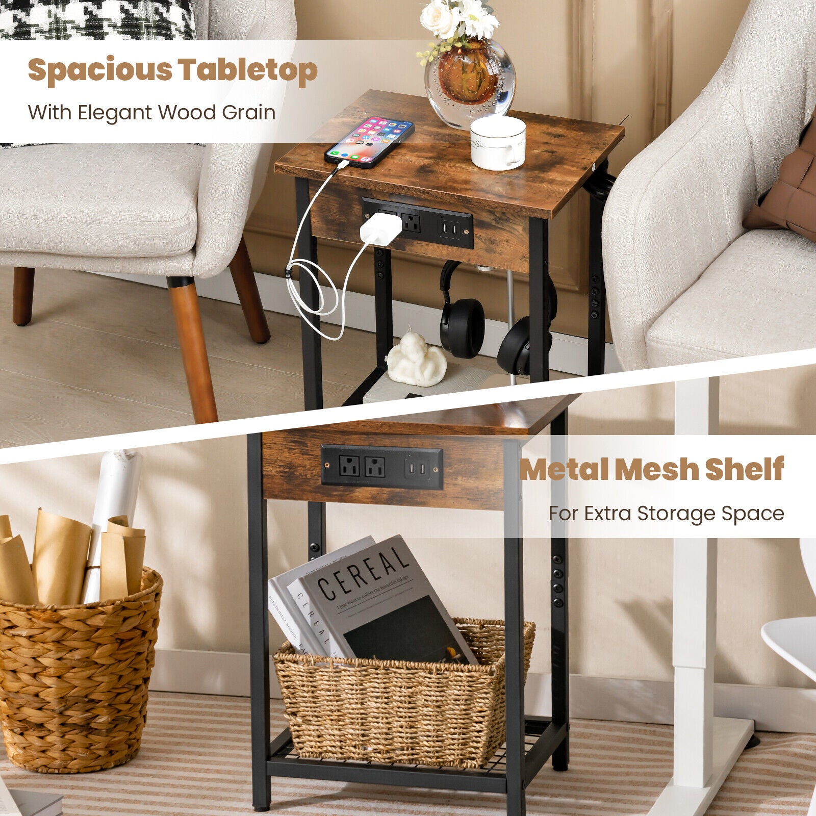 2 Pieces Bedside Nightstand Set with Open Shelf and Charging Station, Rustic Brown Nightstands at Gallery Canada