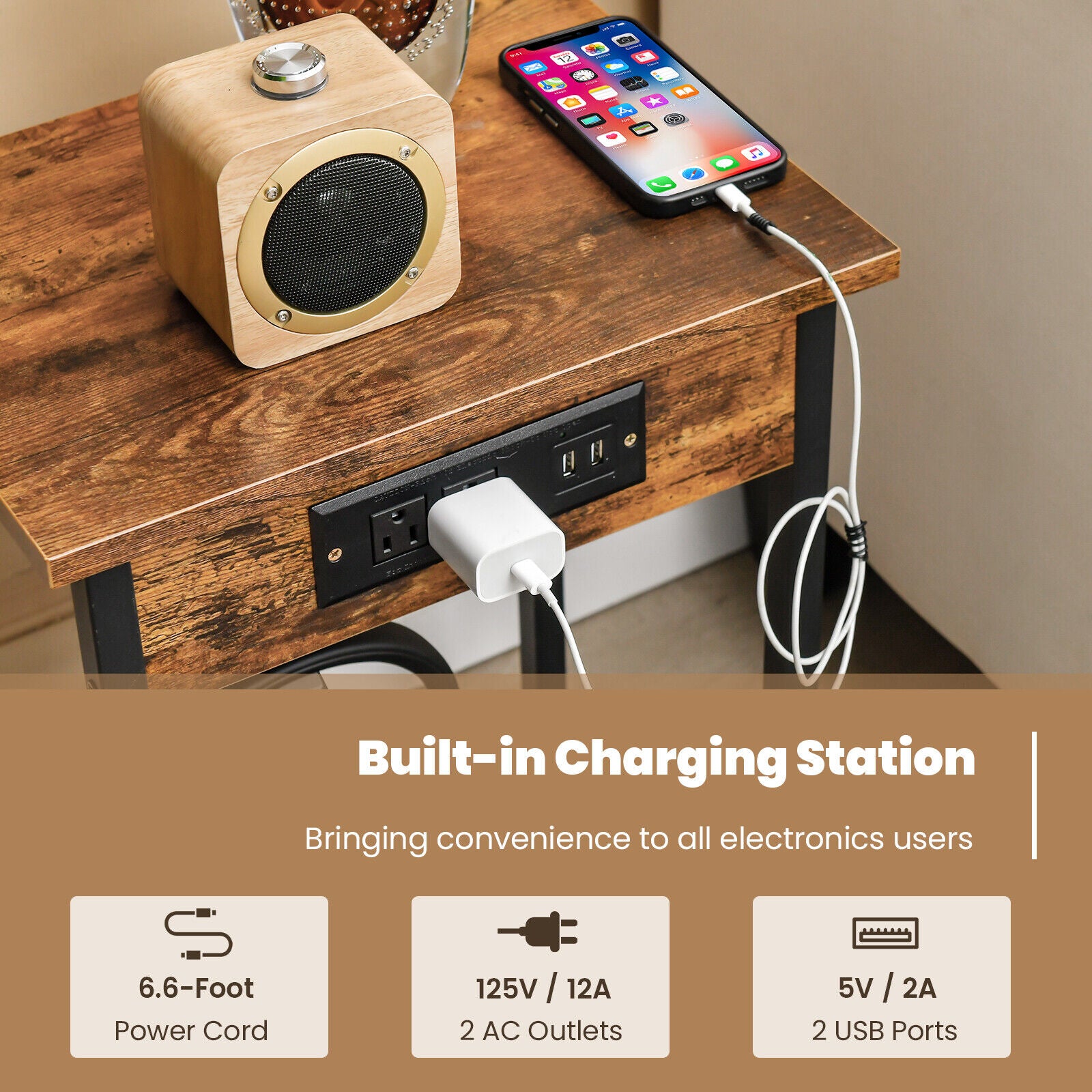 2 Pieces Bedside Nightstand Set with Open Shelf and Charging Station, Rustic Brown Nightstands at Gallery Canada