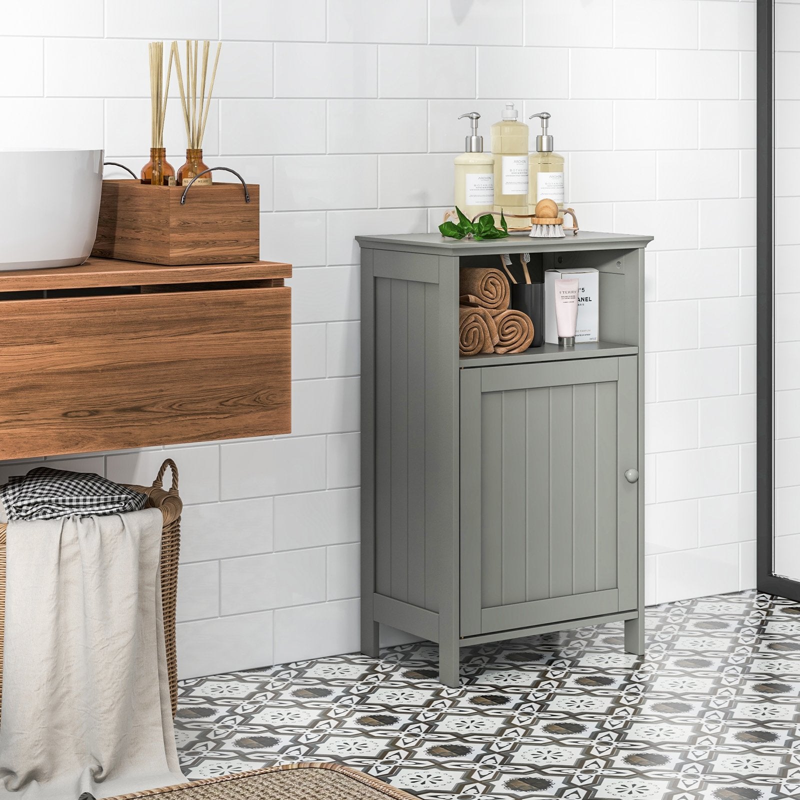 Bathroom Freestanding  Adjustable Shelf Floor Storage Cabinet, Gray Floor Cabinets   at Gallery Canada