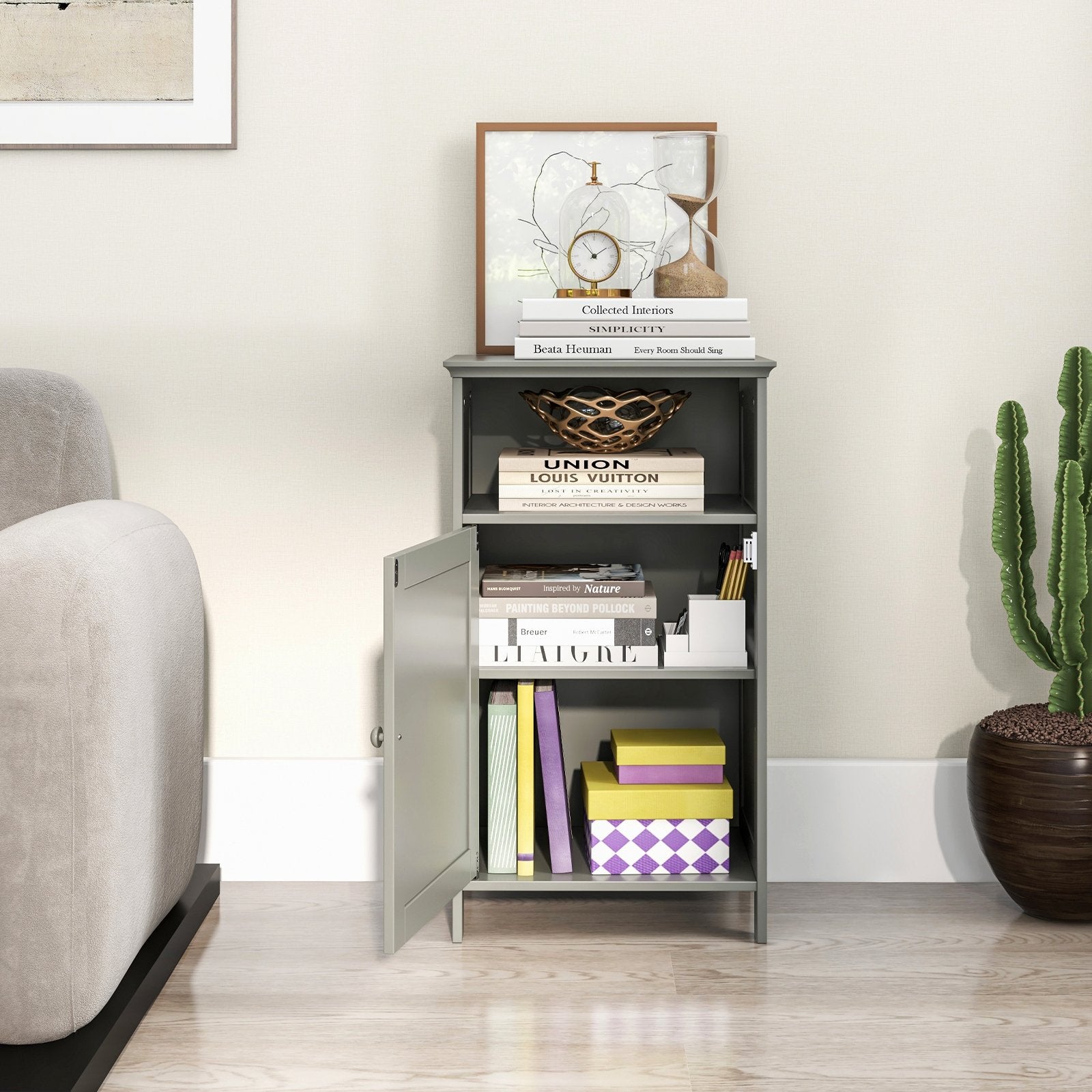 Bathroom Freestanding  Adjustable Shelf Floor Storage Cabinet, Gray Floor Cabinets   at Gallery Canada