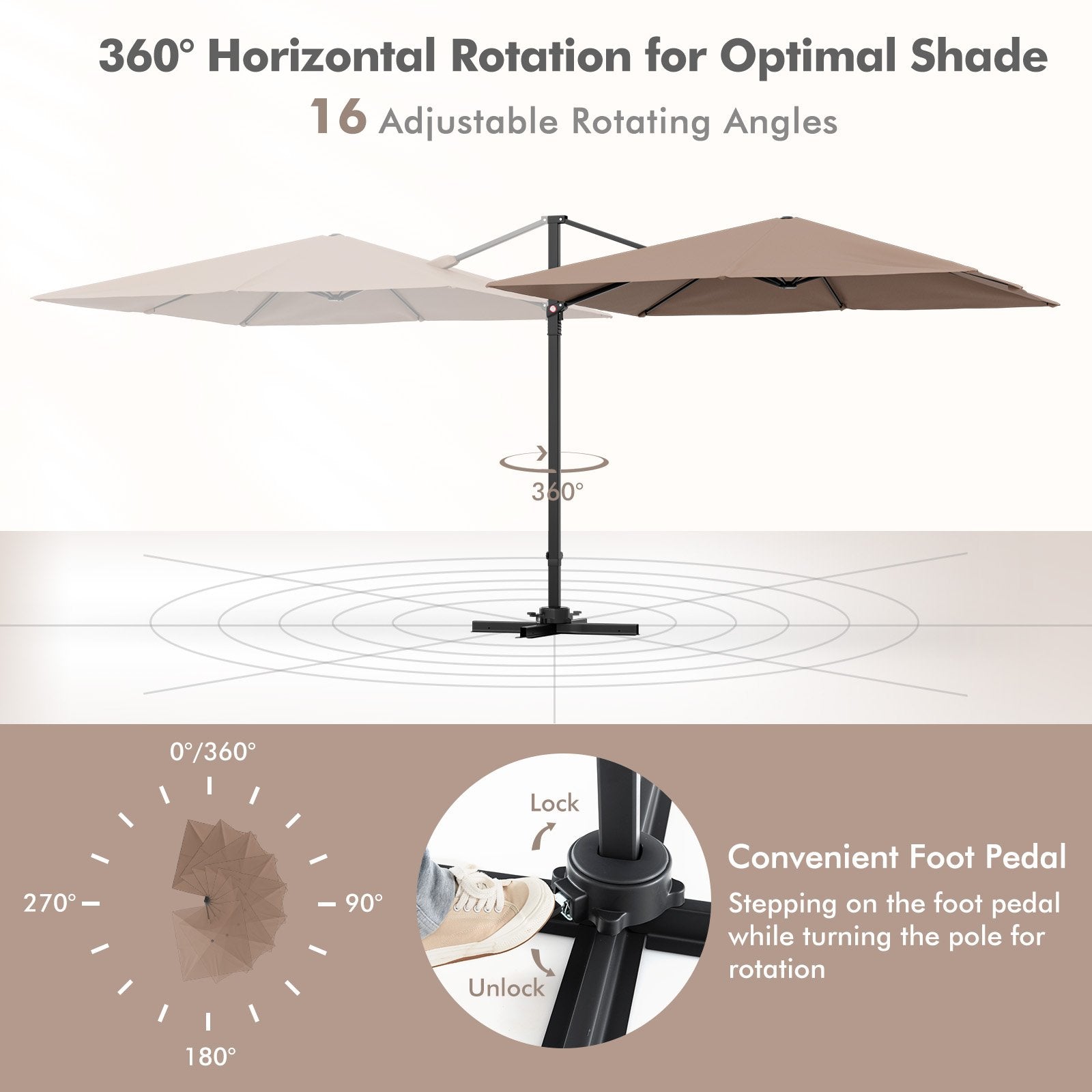 9.5 Feet Square Patio Cantilever Umbrella with 360° Rotation, Coffee Outdoor Umbrellas   at Gallery Canada