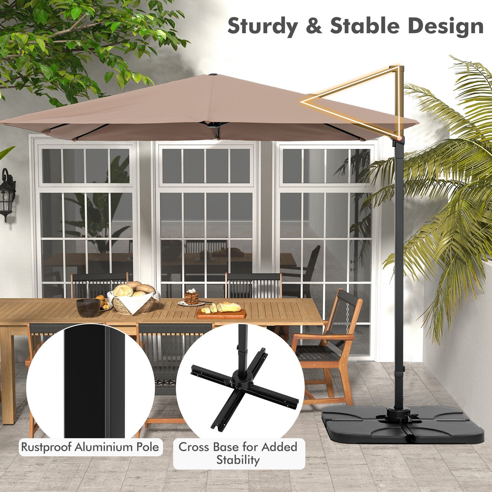 9.5 Feet Square Patio Cantilever Umbrella with 360° Rotation, Coffee Outdoor Umbrellas   at Gallery Canada