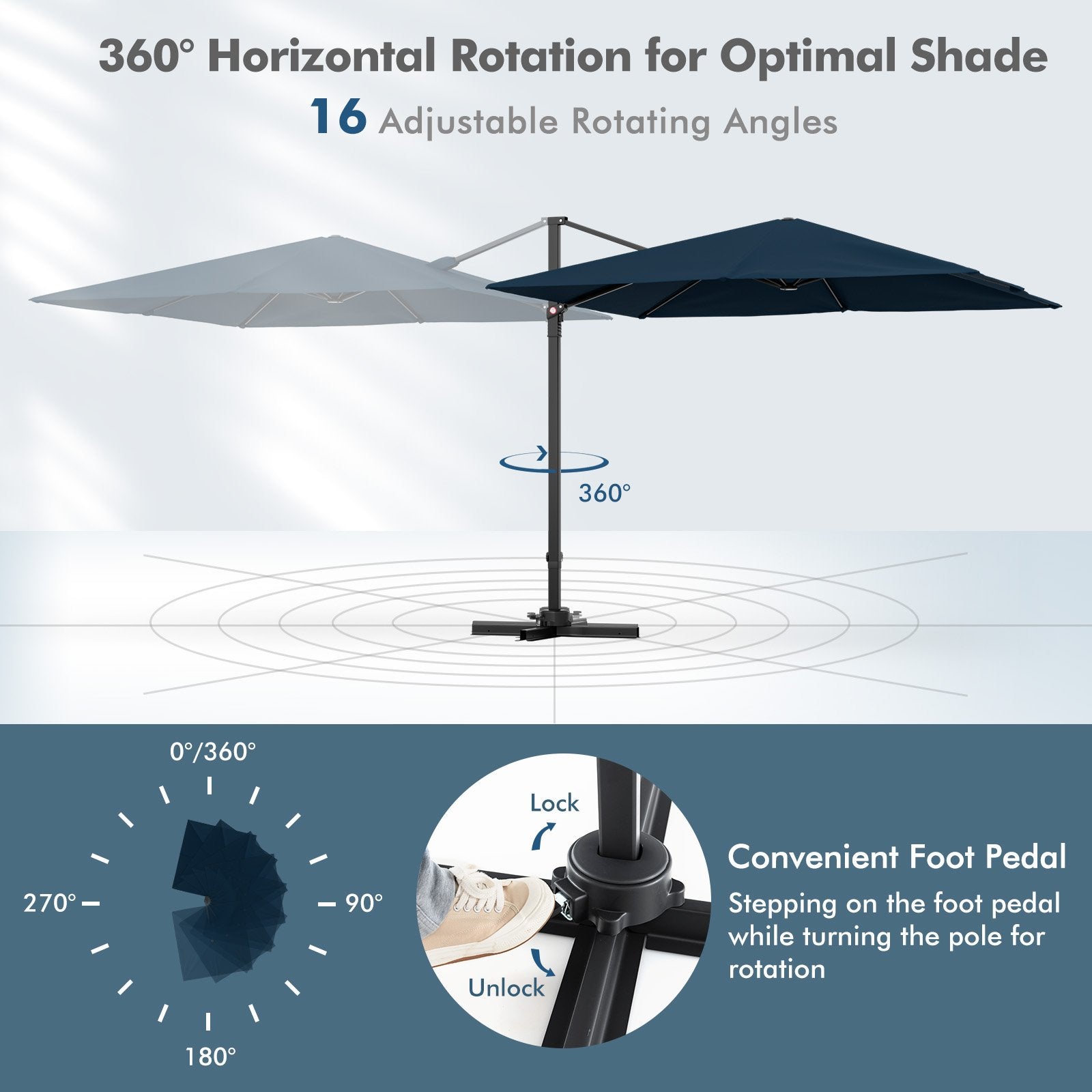 9.5 Feet Square Patio Cantilever Umbrella with 360° Rotation, Navy Outdoor Umbrellas   at Gallery Canada