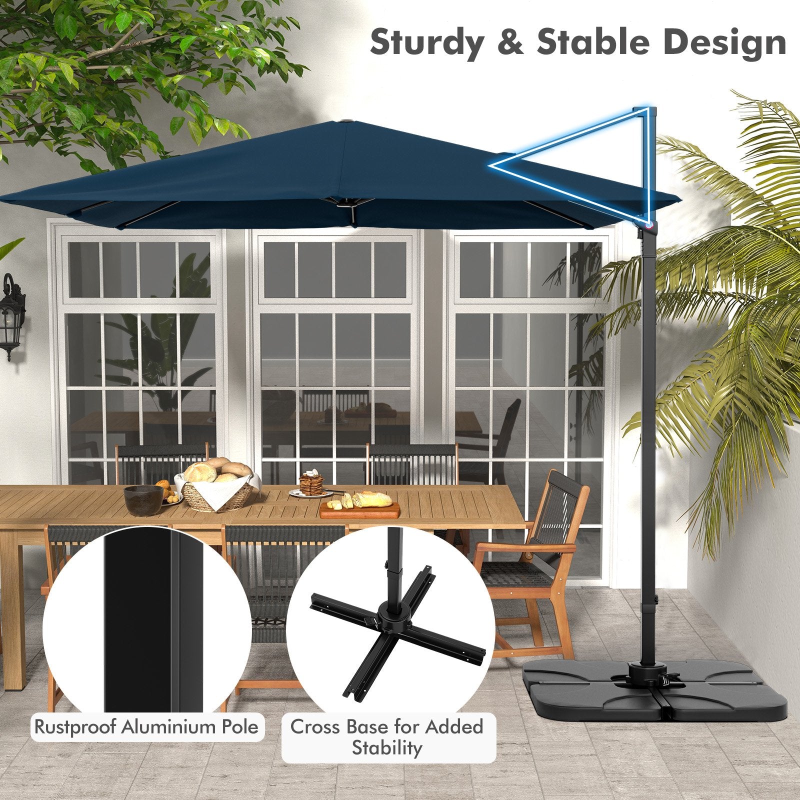 9.5 Feet Square Patio Cantilever Umbrella with 360° Rotation, Navy Outdoor Umbrellas   at Gallery Canada