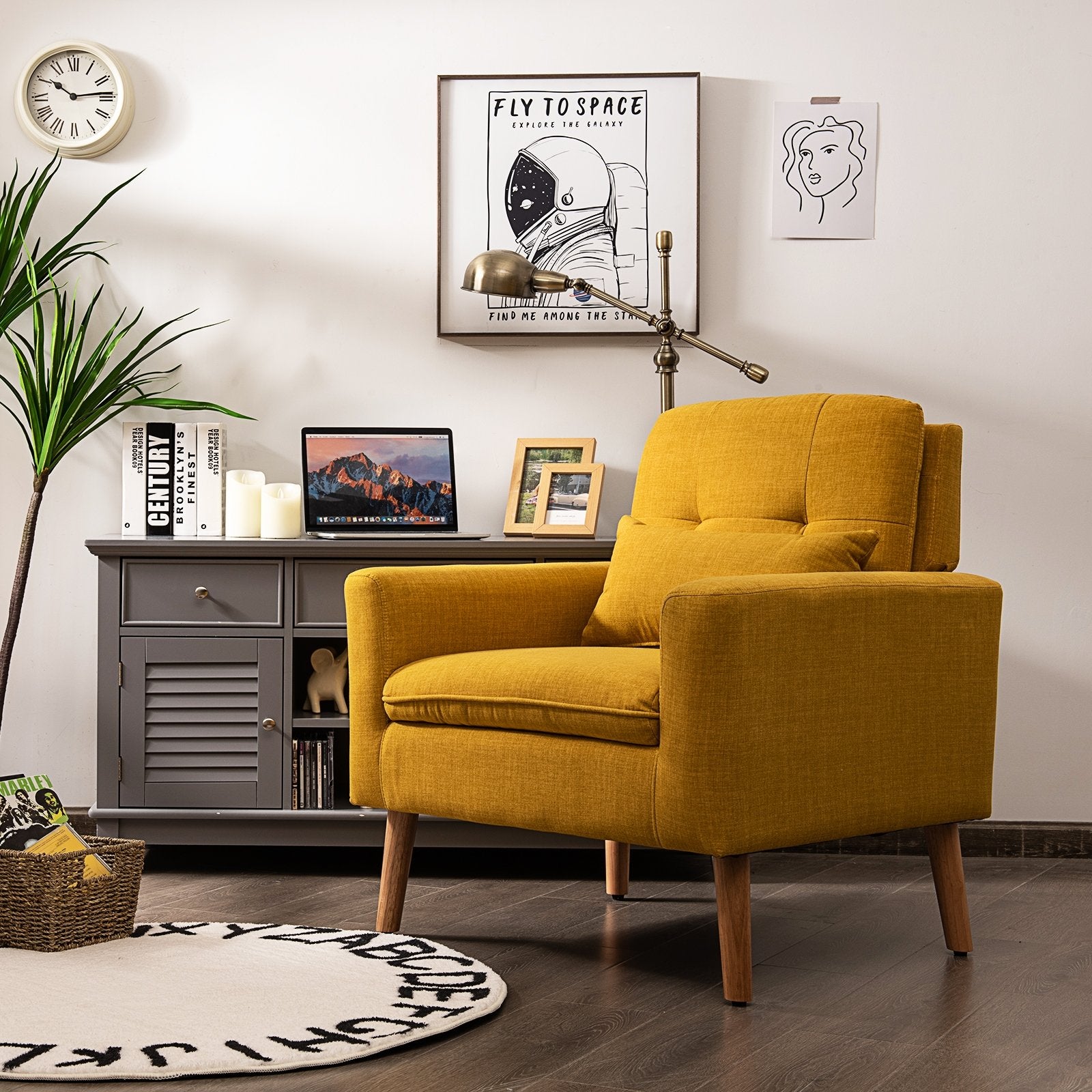 Linen Fabric Single Sofa Armchair with Waist Pillow for Living Room, Yellow Accent Chairs   at Gallery Canada