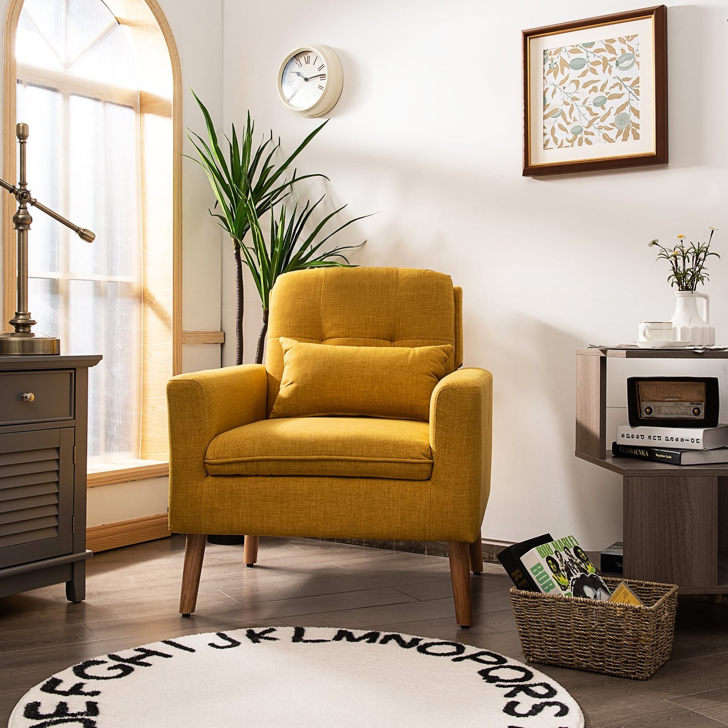 Linen Fabric Single Sofa Armchair with Waist Pillow for Living Room, Yellow Accent Chairs   at Gallery Canada