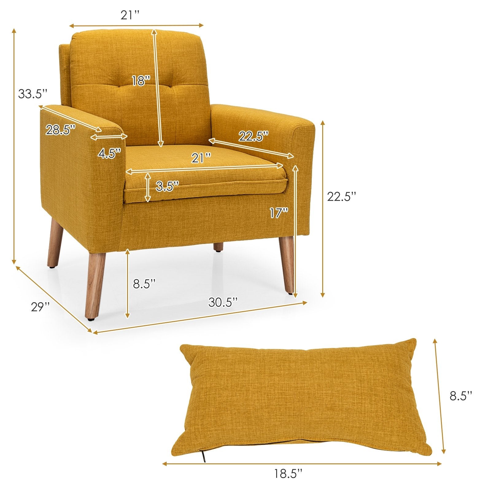 Linen Fabric Single Sofa Armchair with Waist Pillow for Living Room, Yellow Accent Chairs   at Gallery Canada