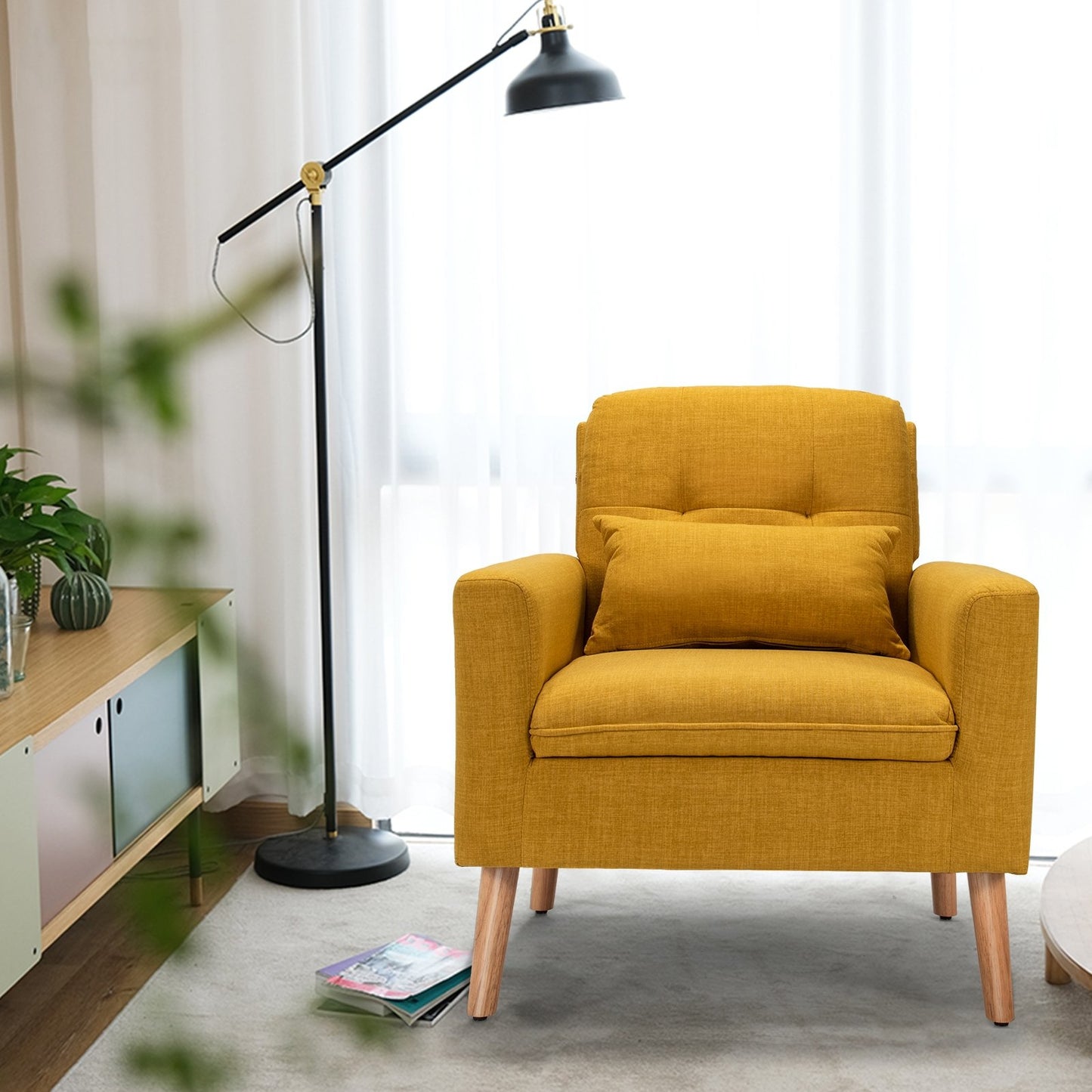 Linen Fabric Single Sofa Armchair with Waist Pillow for Living Room, Yellow Accent Chairs   at Gallery Canada