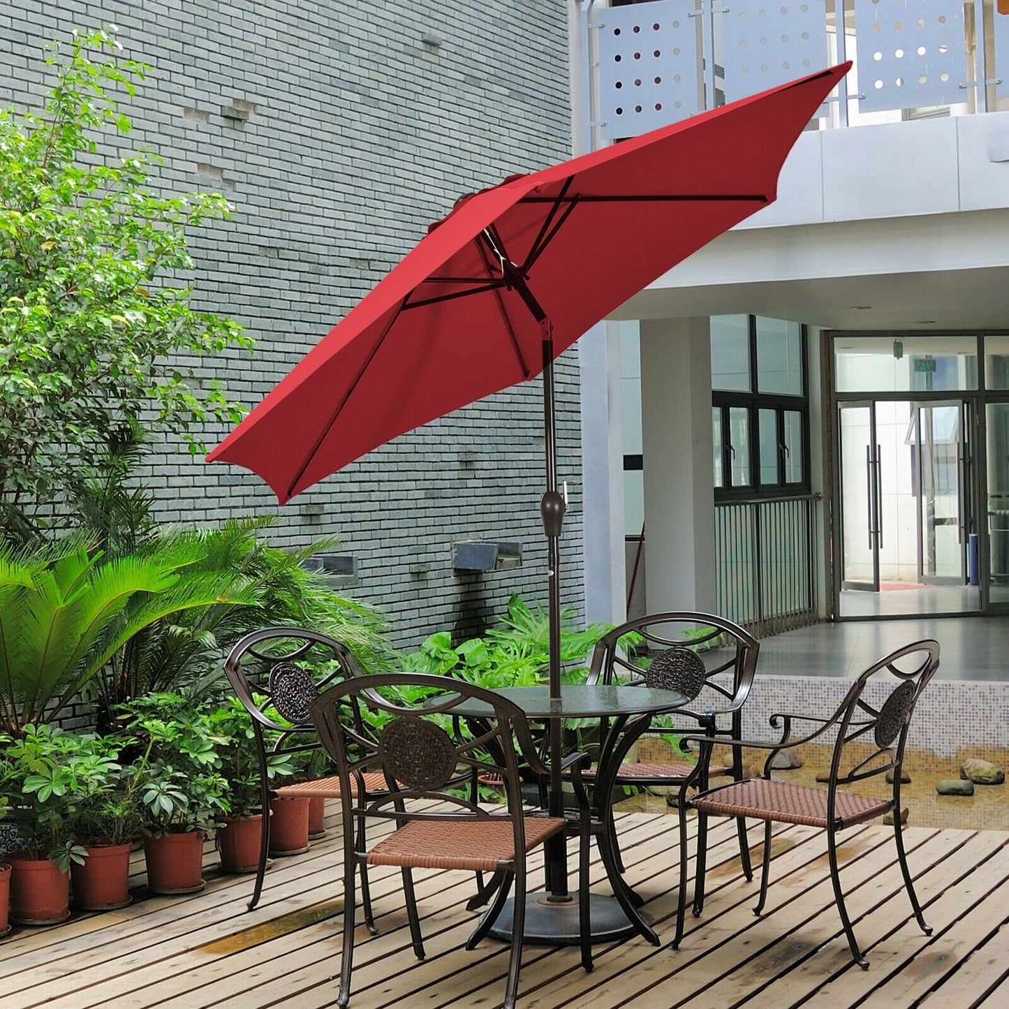 9FT Patio Umbrella Patio Market Steel Tilt W/ Crank Outdoor Yard Garden, Burgundy Outdoor Umbrellas   at Gallery Canada