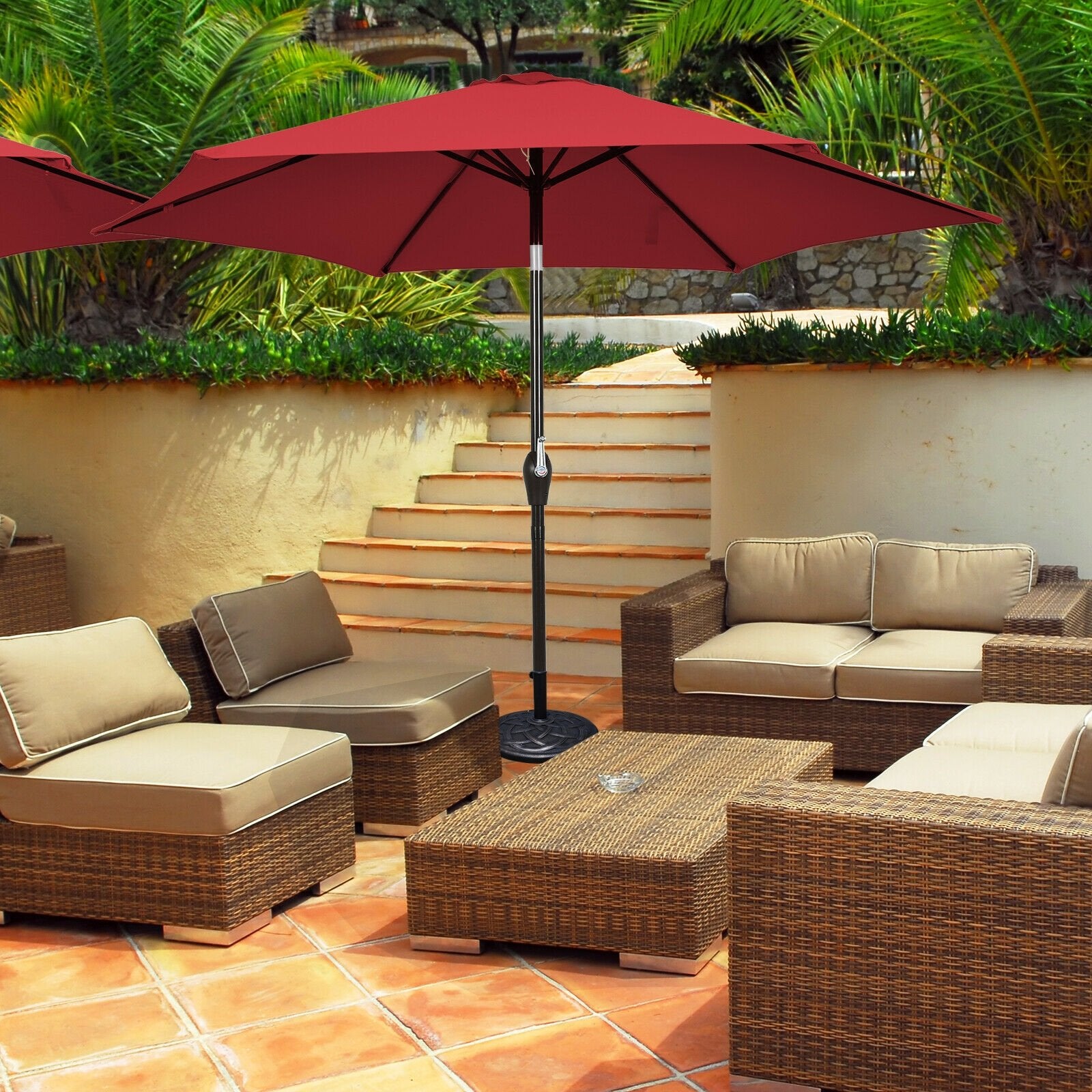 9FT Patio Umbrella Patio Market Steel Tilt W/ Crank Outdoor Yard Garden, Burgundy Outdoor Umbrellas   at Gallery Canada