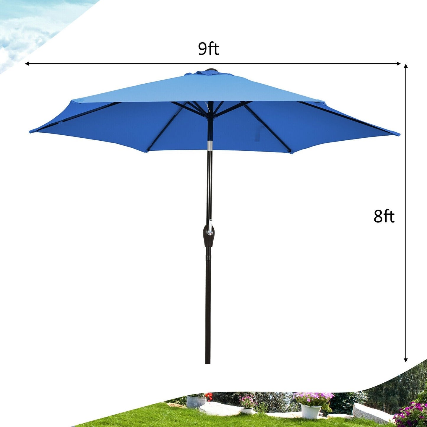 9ft Patio Market Table Umbrella with Push Button Tilt and Crank, Blue Outdoor Umbrellas   at Gallery Canada