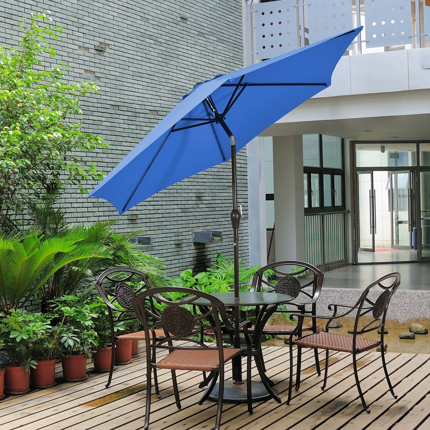 9ft Patio Market Table Umbrella with Push Button Tilt and Crank, Blue Outdoor Umbrellas   at Gallery Canada