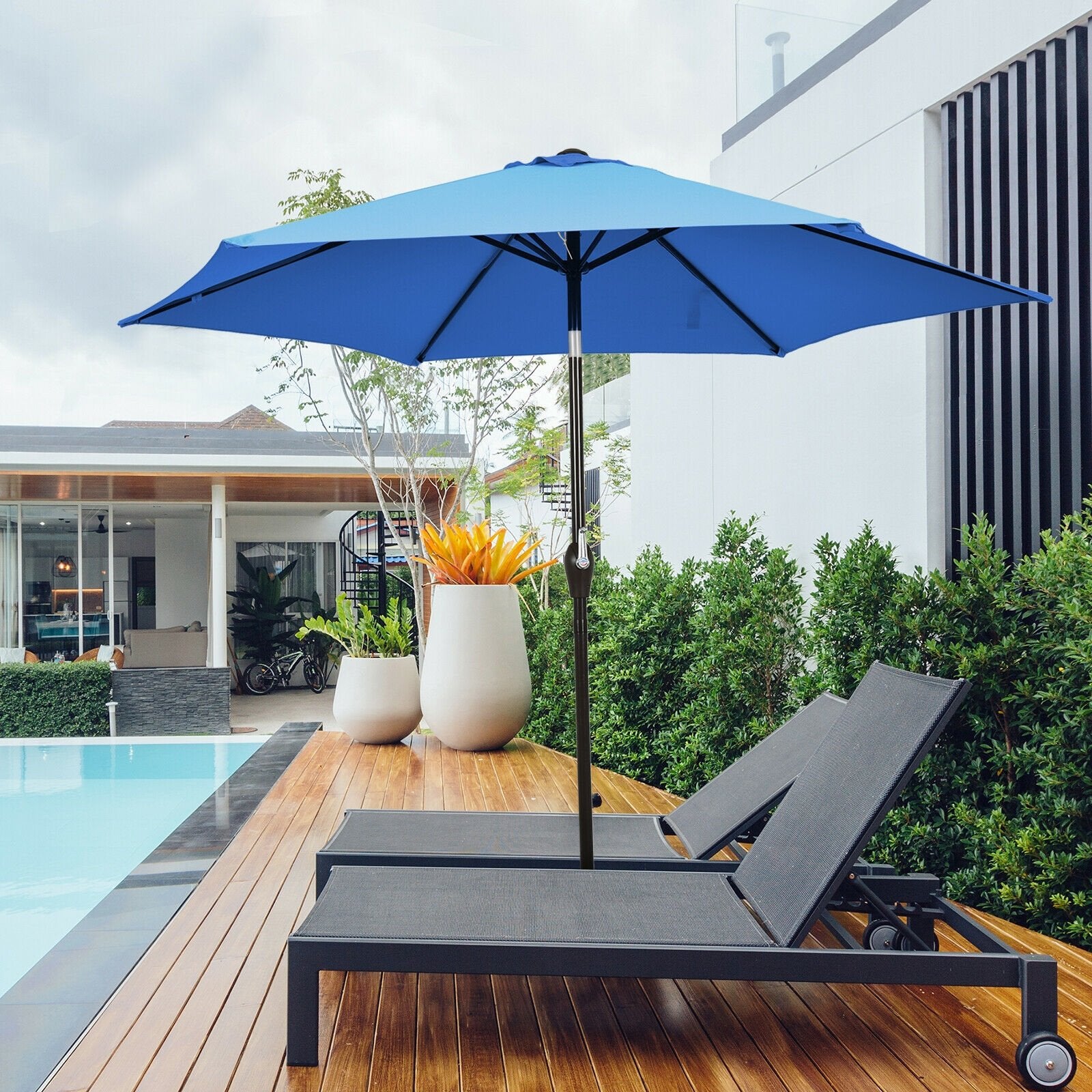 9ft Patio Market Table Umbrella with Push Button Tilt and Crank, Blue Outdoor Umbrellas   at Gallery Canada