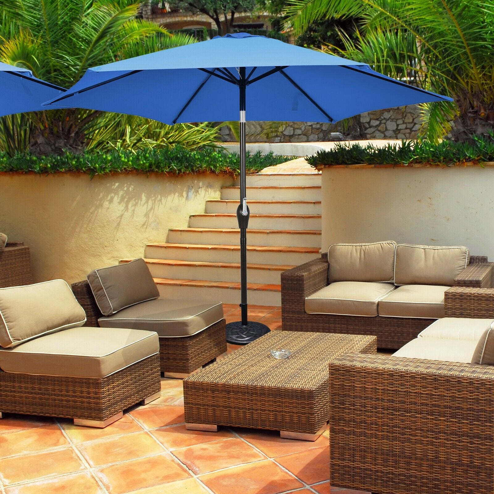 9ft Patio Market Table Umbrella with Push Button Tilt and Crank, Blue Outdoor Umbrellas   at Gallery Canada