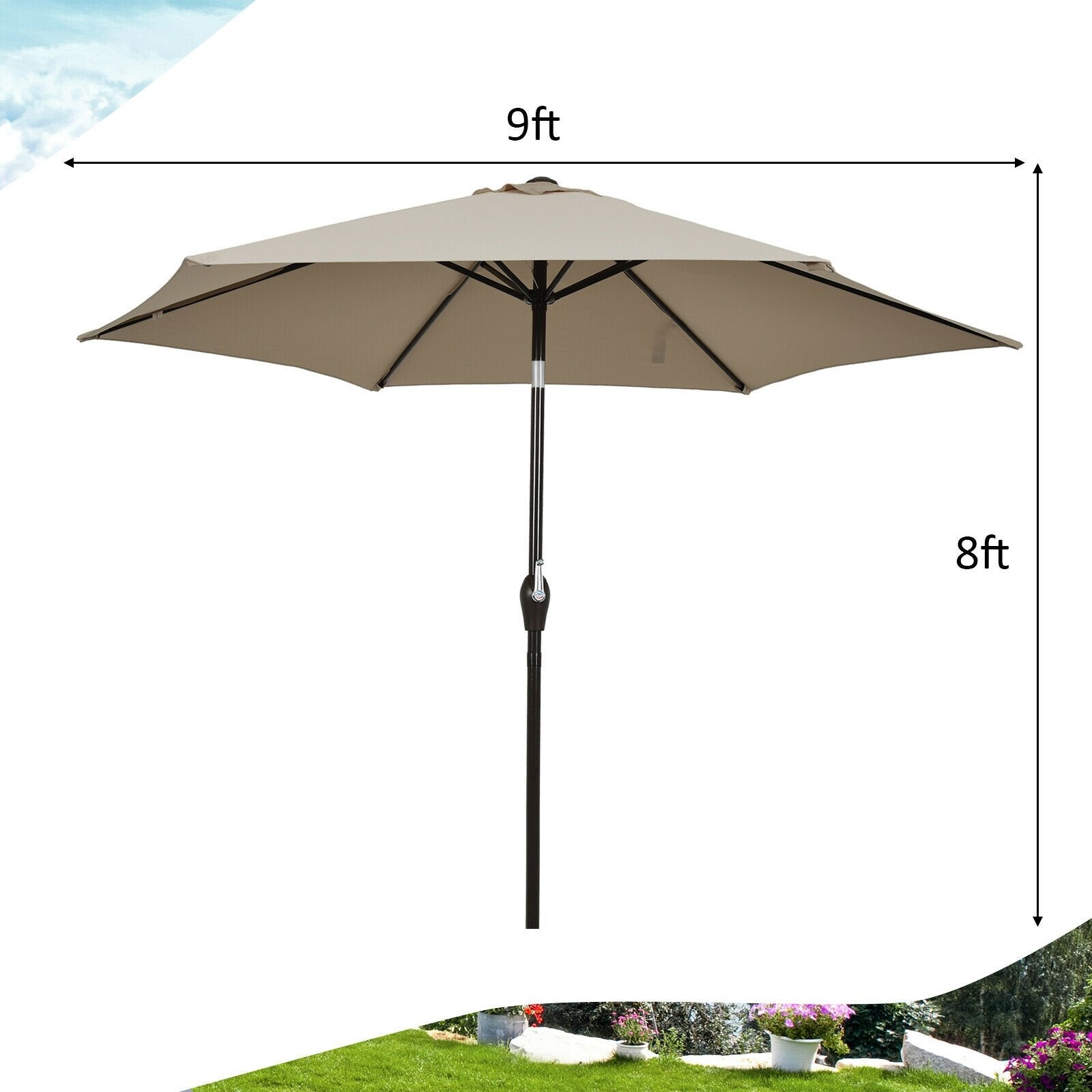 9FT Patio Umbrella Patio Market Steel Tilt W/ Crank Outdoor Yard Garden, Tan Outdoor Umbrellas   at Gallery Canada