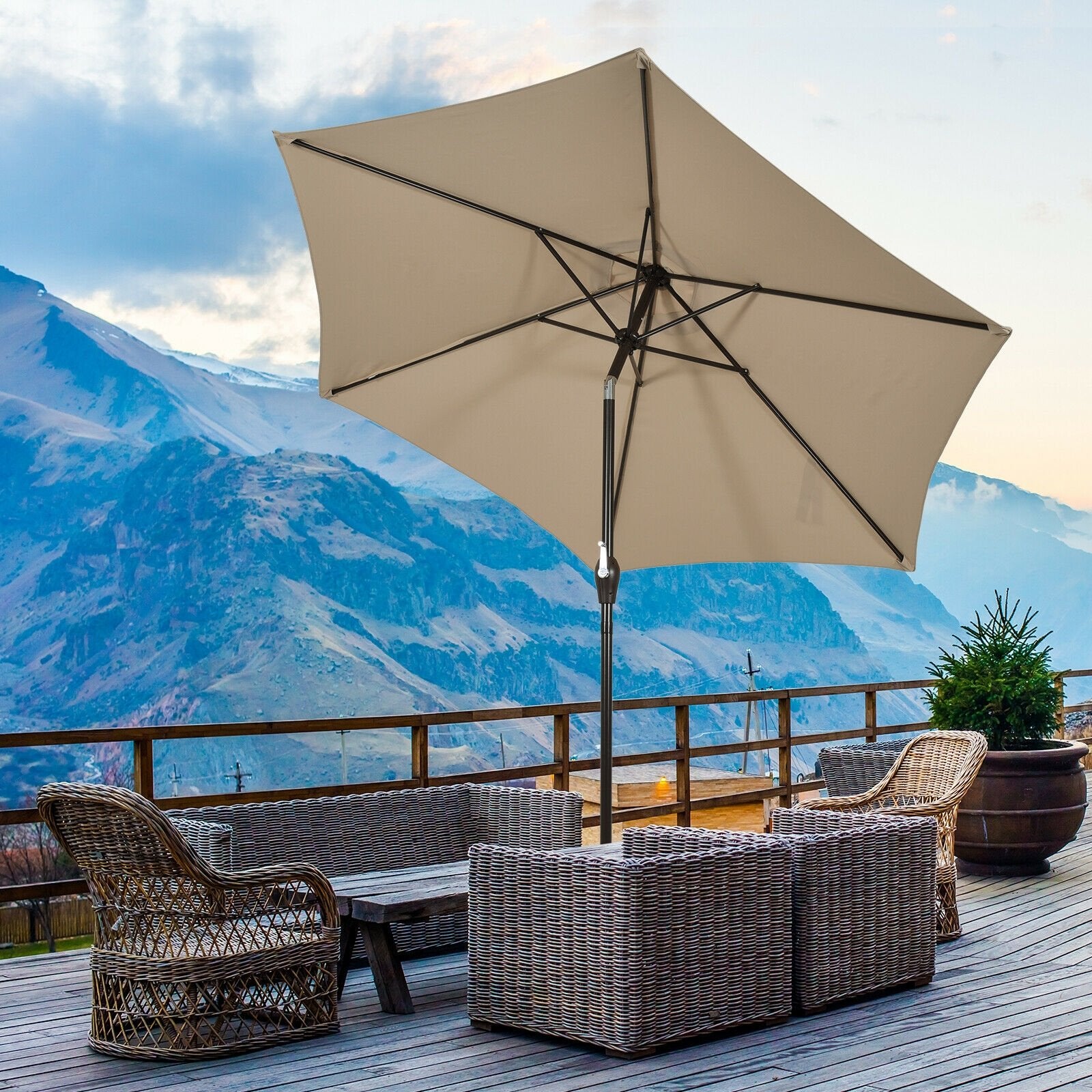 9FT Patio Umbrella Patio Market Steel Tilt W/ Crank Outdoor Yard Garden, Tan Outdoor Umbrellas   at Gallery Canada