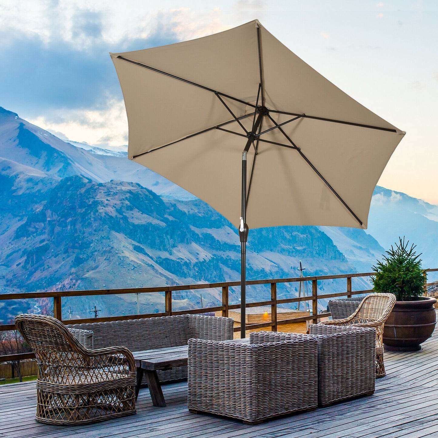 9FT Patio Umbrella Patio Market Steel Tilt W/ Crank Outdoor Yard Garden, Tan Outdoor Umbrellas   at Gallery Canada