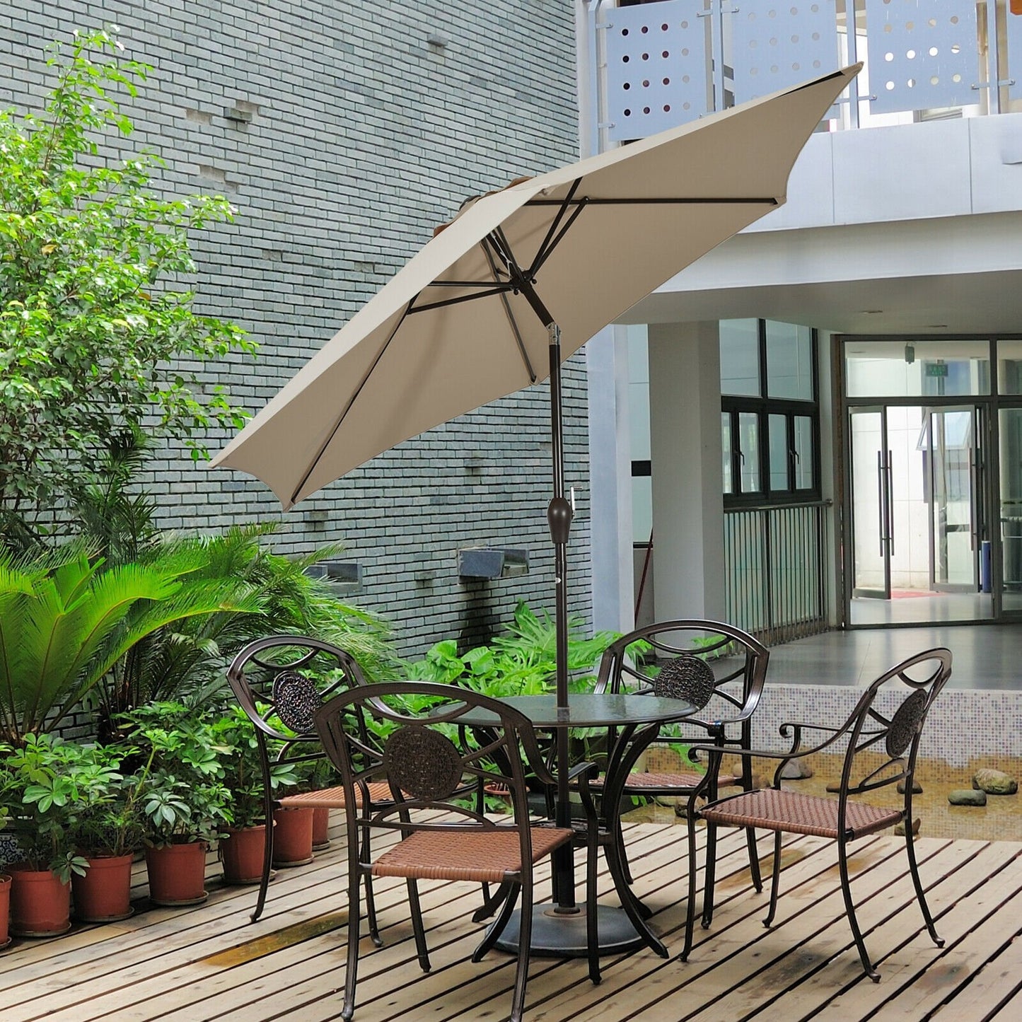 9FT Patio Umbrella Patio Market Steel Tilt W/ Crank Outdoor Yard Garden, Tan Outdoor Umbrellas   at Gallery Canada