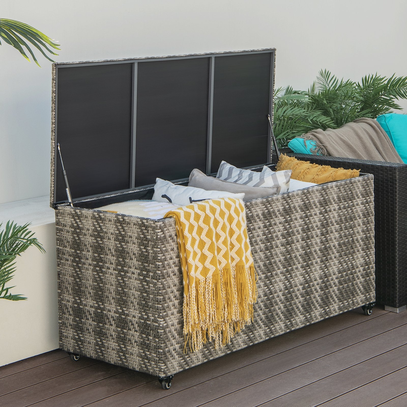 96 Gallon PE Wicker Outdoor Storage Box with 4 Wheels, Gray Sheds & Outdoor Storage   at Gallery Canada