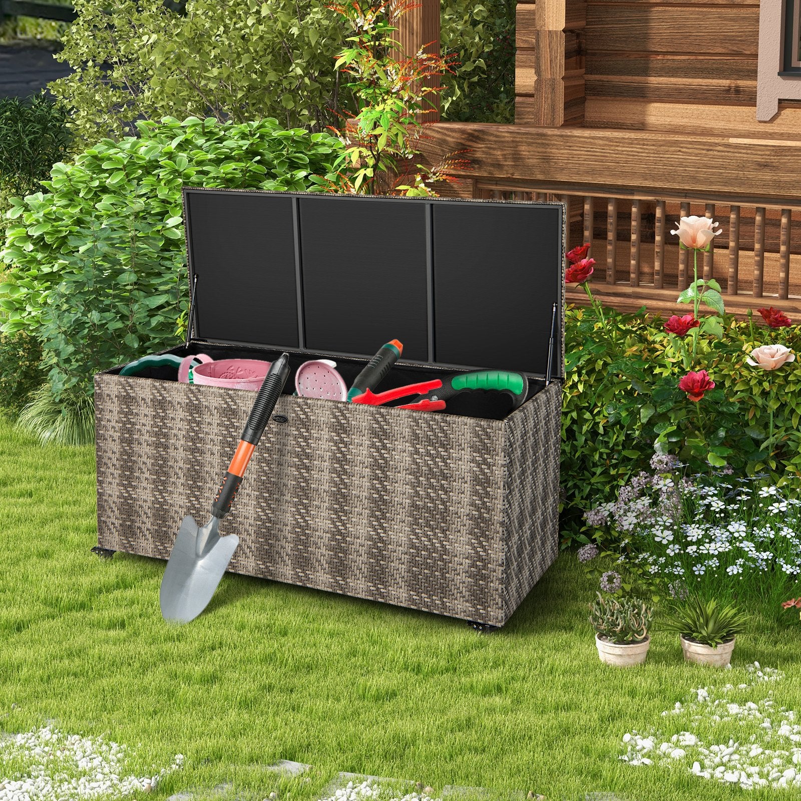 96 Gallon PE Wicker Outdoor Storage Box with 4 Wheels, Gray Sheds & Outdoor Storage   at Gallery Canada