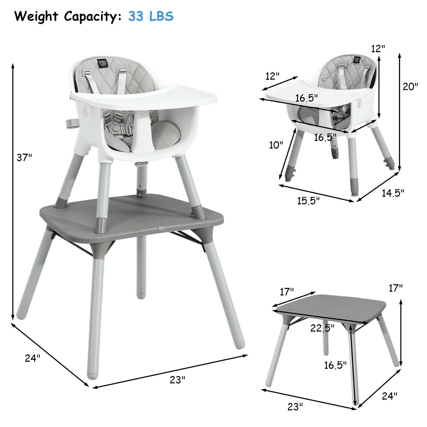 4-in-1 Baby Convertible Toddler Table Chair Set with PU Cushion, Gray High Chairs   at Gallery Canada