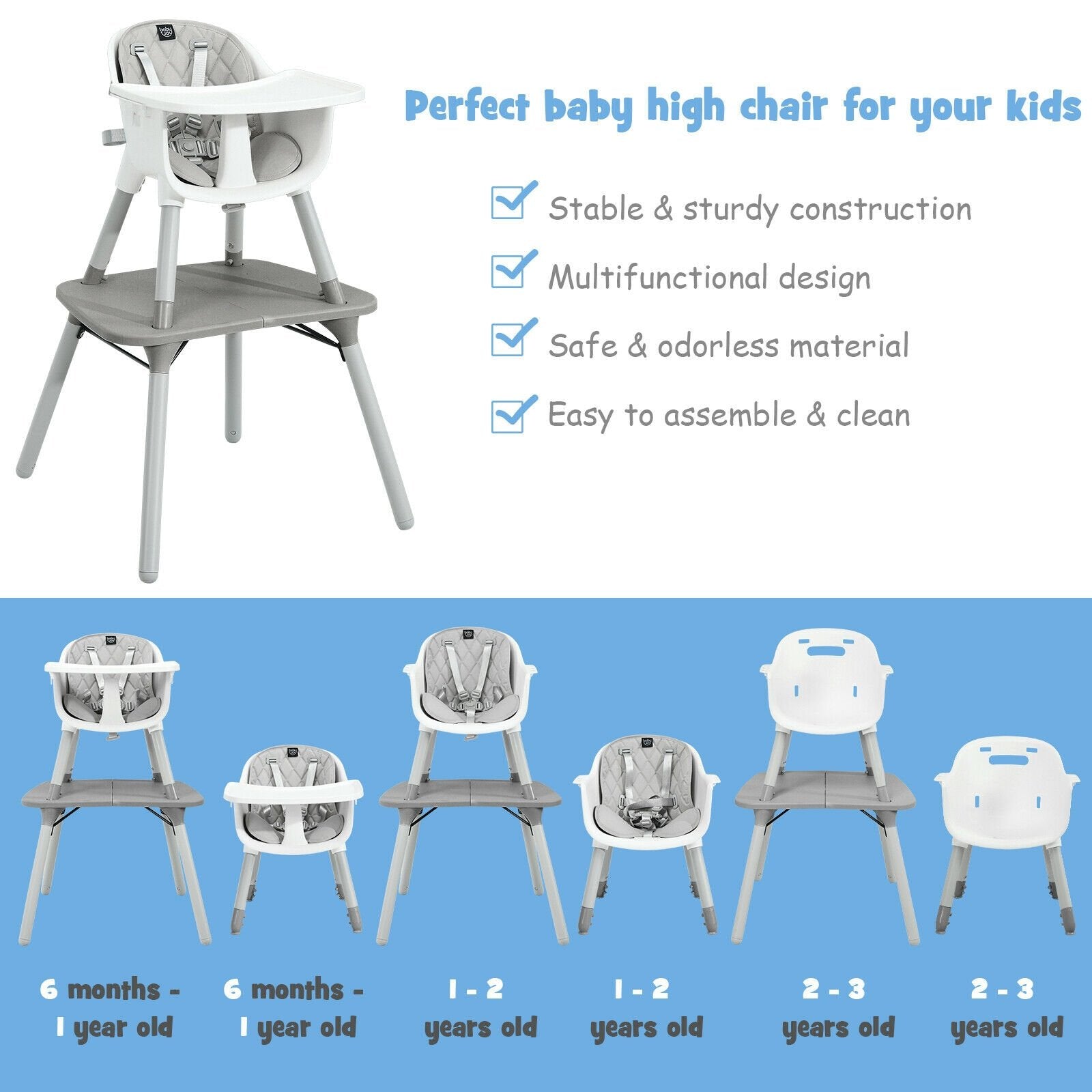 4-in-1 Baby Convertible Toddler Table Chair Set with PU Cushion, Gray High Chairs   at Gallery Canada