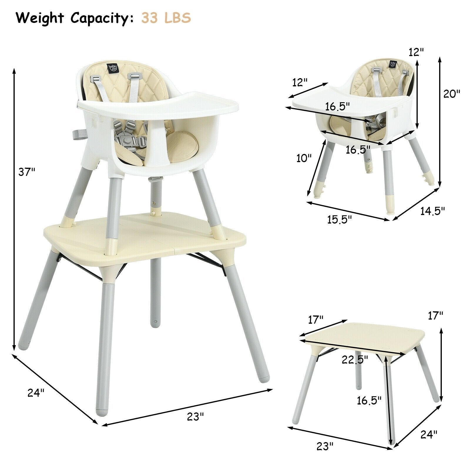 4-in-1 Baby Convertible Toddler Table Chair Set with PU Cushion, Beige High Chairs   at Gallery Canada