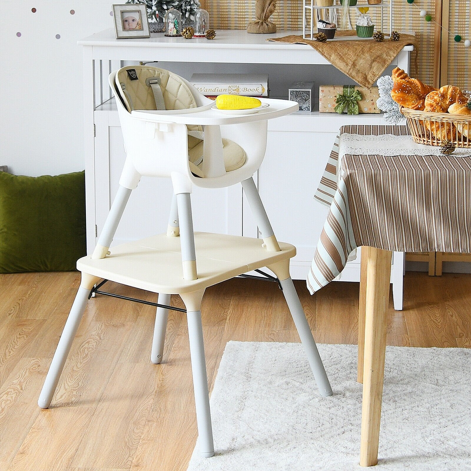 4-in-1 Baby Convertible Toddler Table Chair Set with PU Cushion, Beige High Chairs   at Gallery Canada