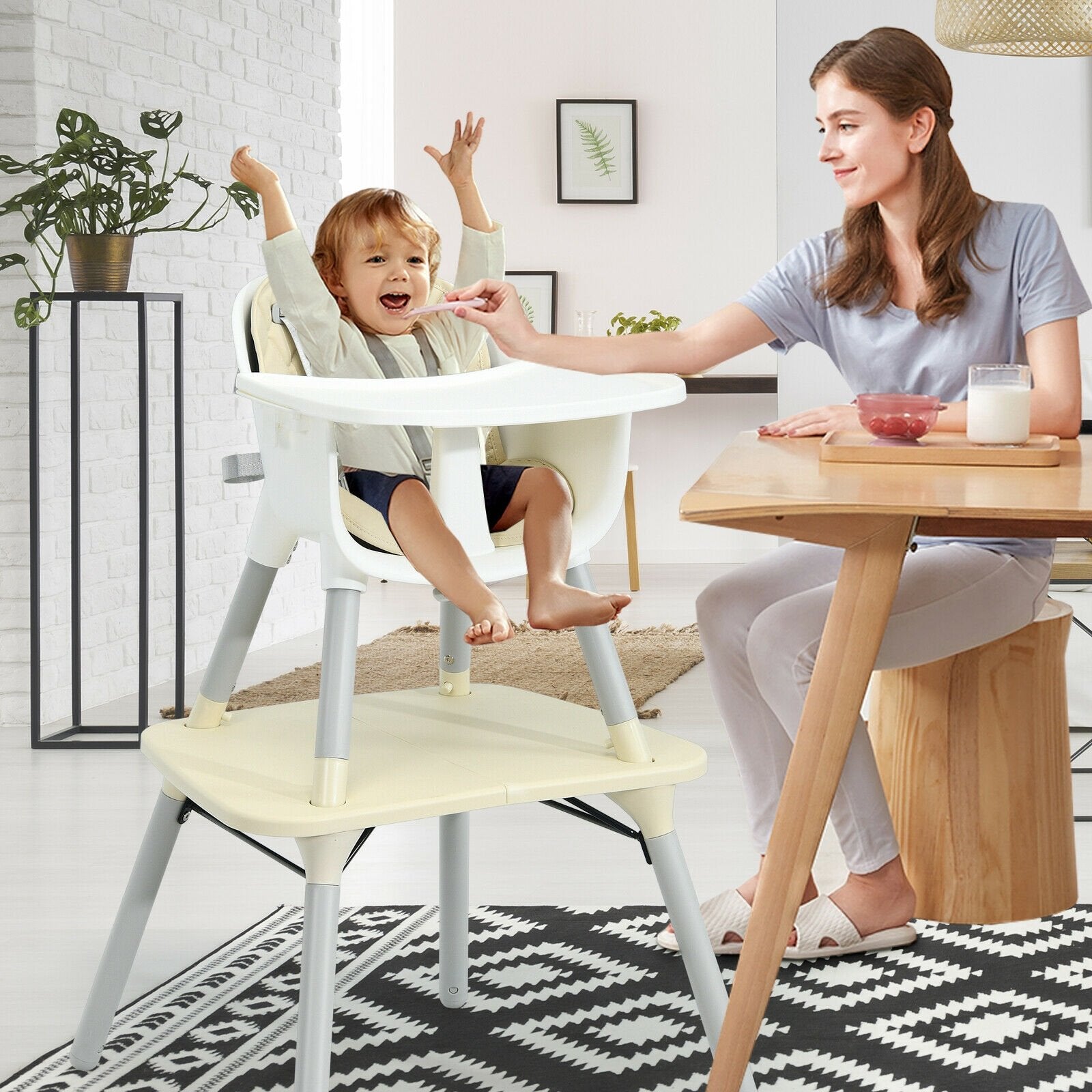 4-in-1 Baby Convertible Toddler Table Chair Set with PU Cushion, Beige High Chairs   at Gallery Canada