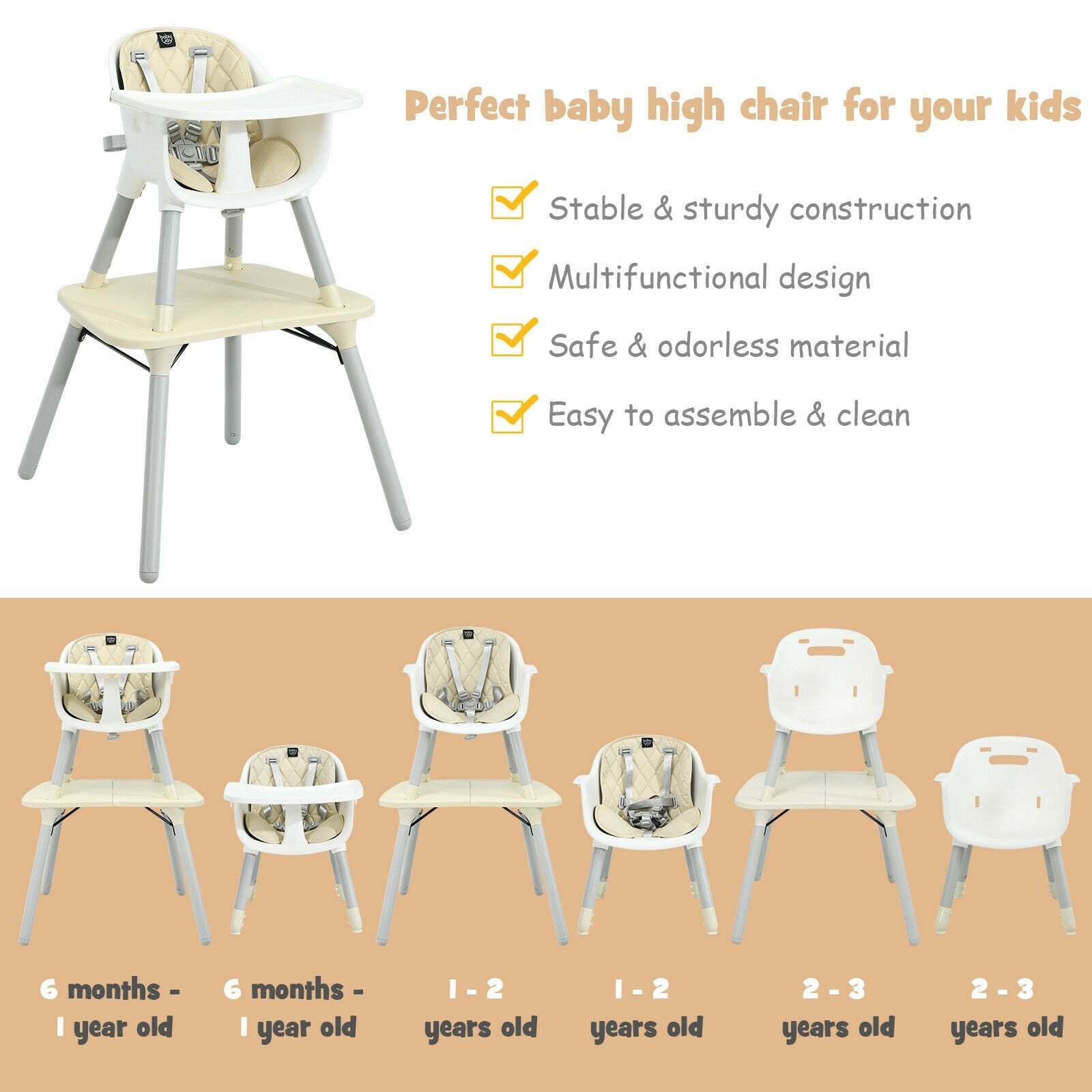 4-in-1 Baby Convertible Toddler Table Chair Set with PU Cushion, Beige High Chairs   at Gallery Canada