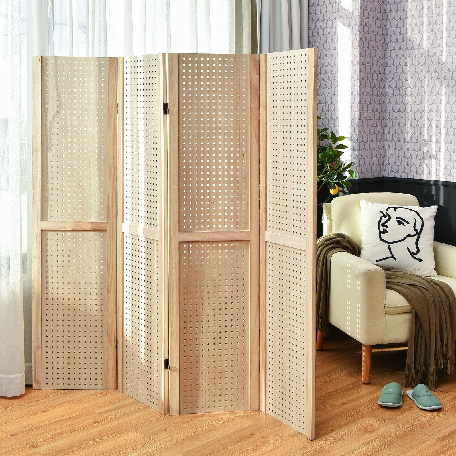 4-Panel Pegboard Display 5 Feet Tall Folding Privacy Screen for Craft Display Organized, Natural Room Dividers   at Gallery Canada