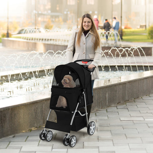 Folding Pet Stroller with Storage Basket and Adjustable Canopy, Black