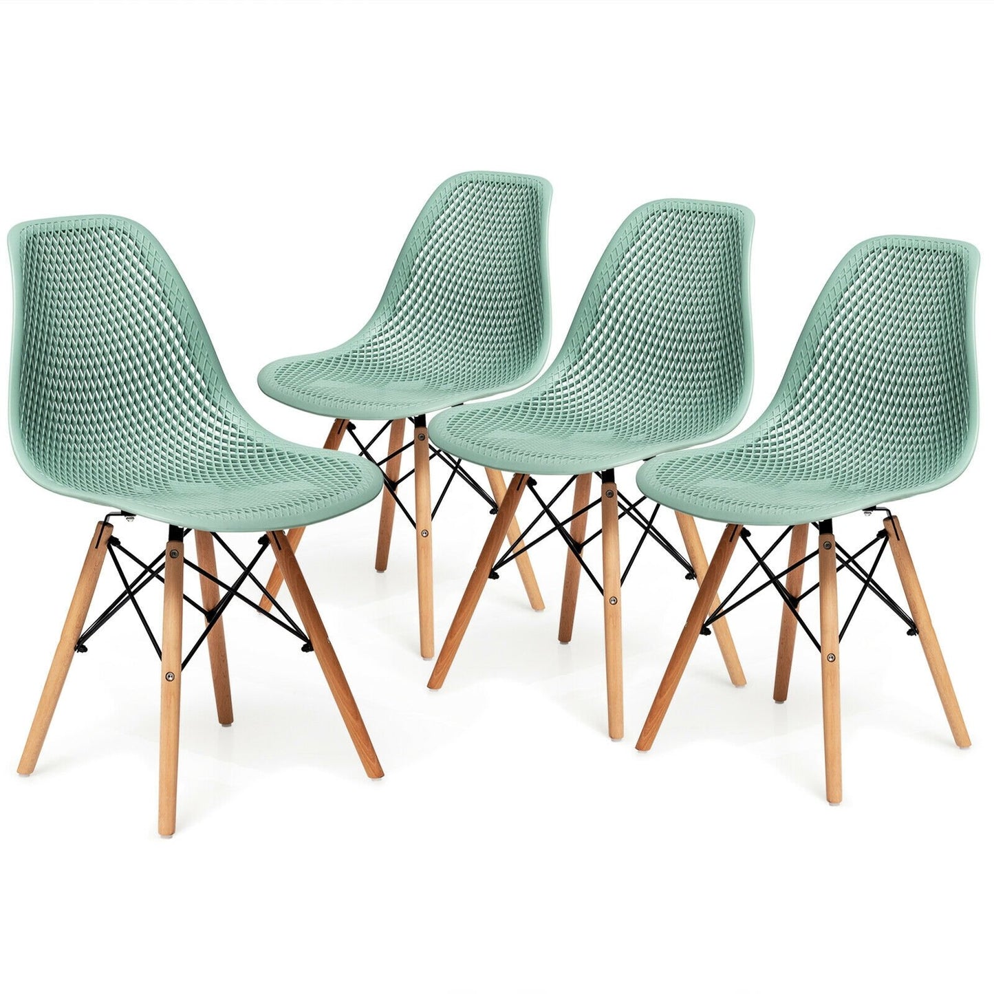 4 Pieces Modern Plastic Hollow Chair Set with Wood Leg, Green Dining Chairs   at Gallery Canada