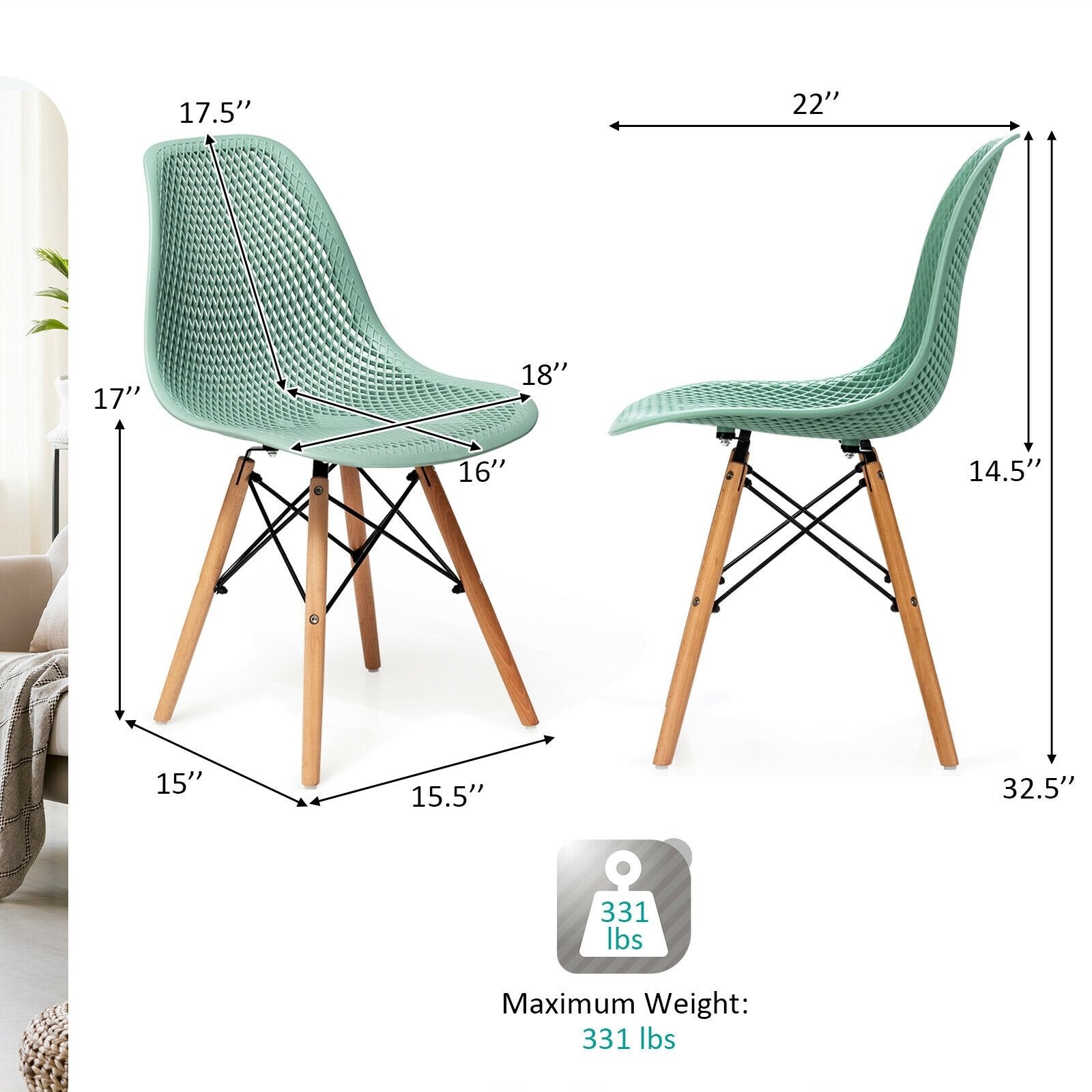 4 Pieces Modern Plastic Hollow Chair Set with Wood Leg, Green Dining Chairs   at Gallery Canada