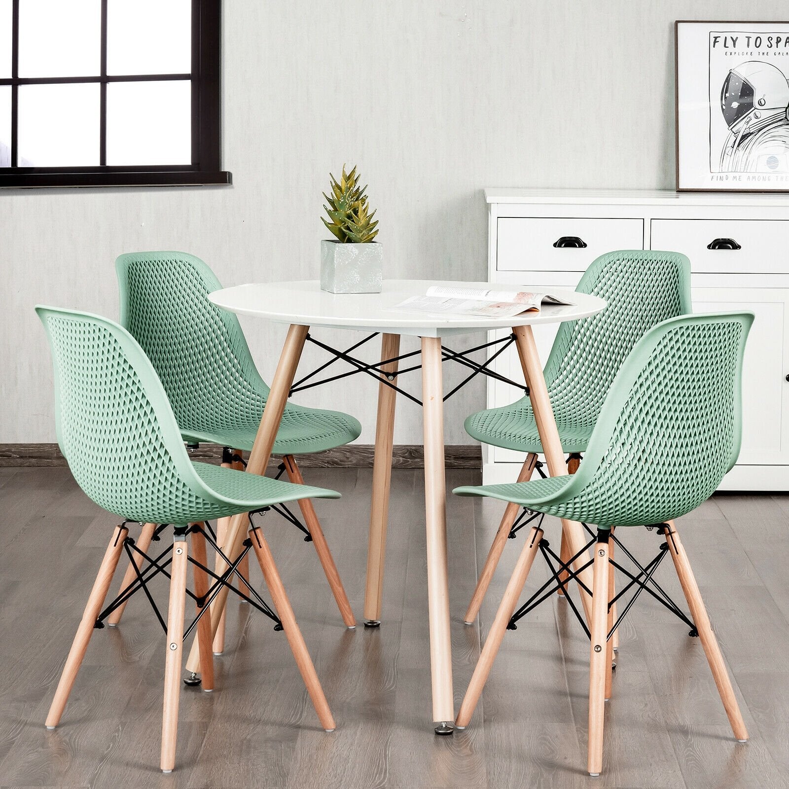 4 Pieces Modern Plastic Hollow Chair Set with Wood Leg, Green Dining Chairs   at Gallery Canada