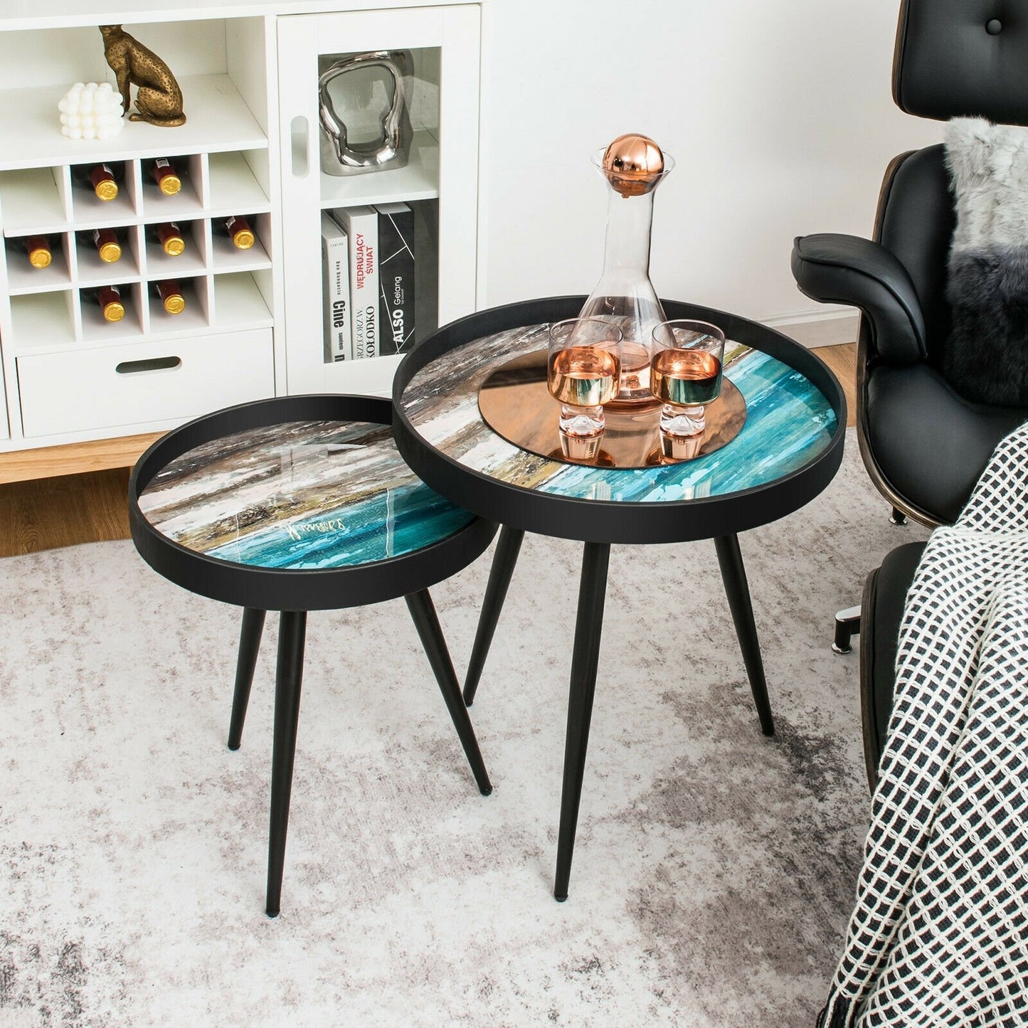 Set of 2 Stylish Nesting End Tables with Wooden Tray Top and Steel Legs, Black - Gallery Canada