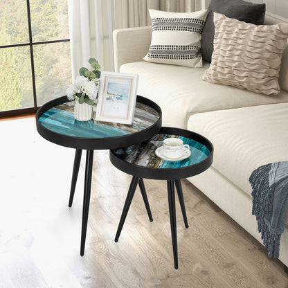 Set of 2 Stylish Nesting End Tables with Wooden Tray Top and Steel Legs, Black - Gallery Canada