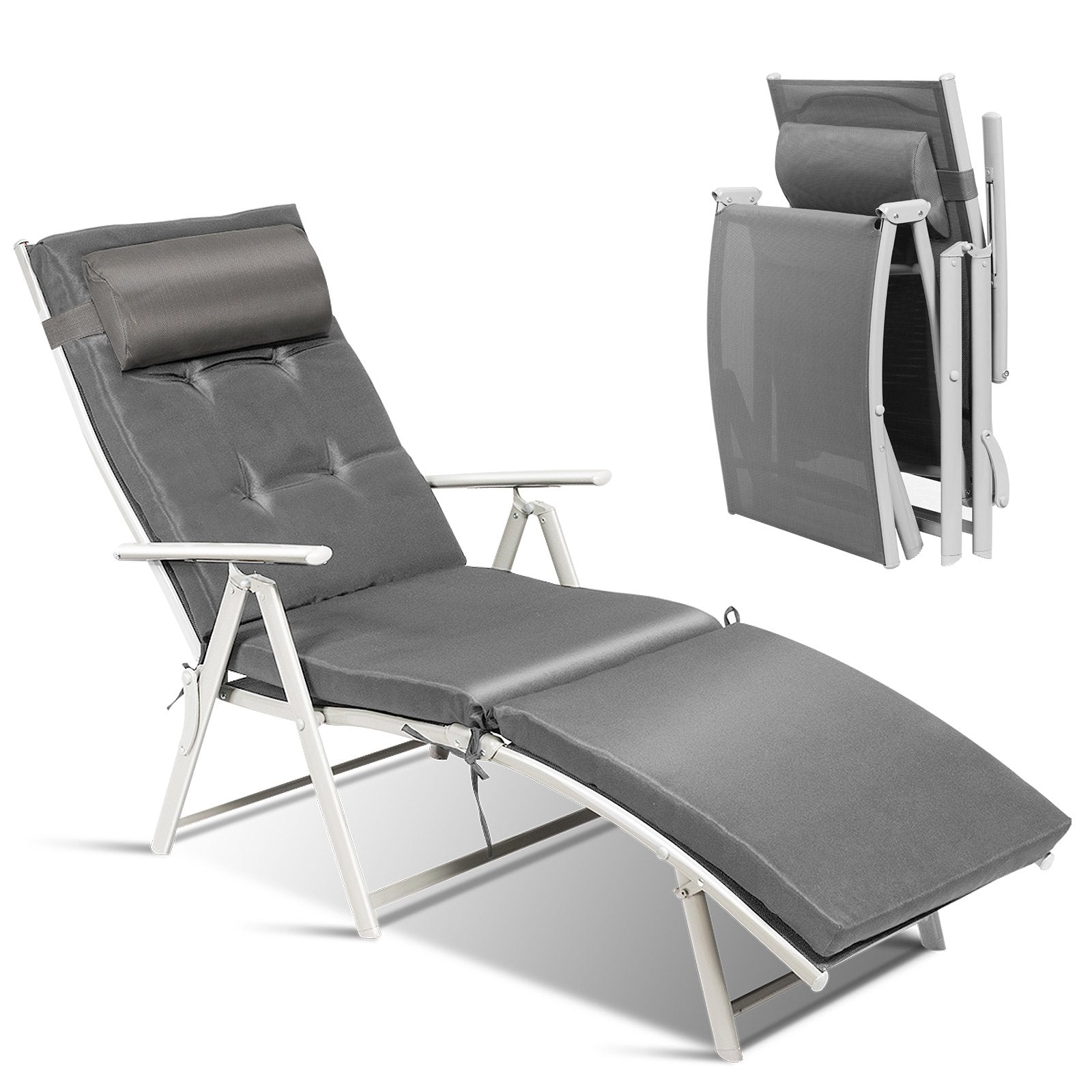 Adjustable Outdoor Lightweight Folding Chaise Lounge Chair with Pillow, Gray Outdoor Chaise Lounges   at Gallery Canada