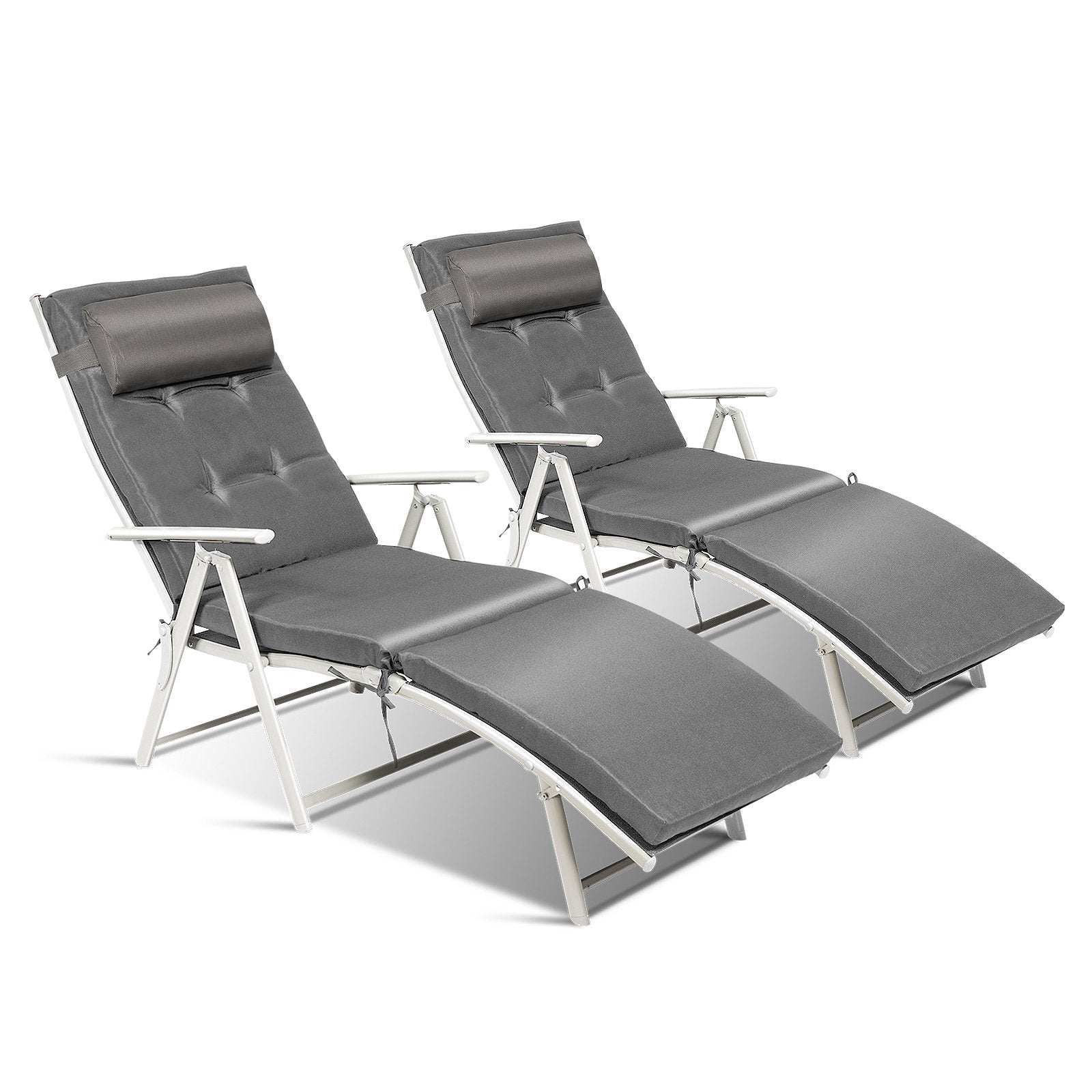 Adjustable Outdoor Lightweight Folding Chaise Lounge Chair with Pillow, Gray Outdoor Chaise Lounges   at Gallery Canada