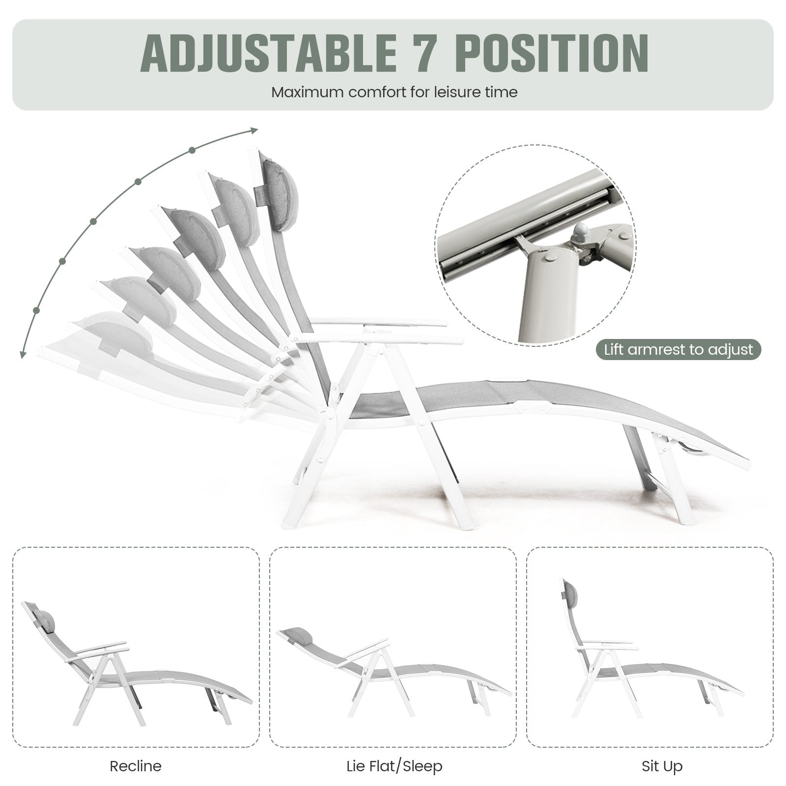 Adjustable Outdoor Lightweight Folding Chaise Lounge Chair with Pillow, Gray Outdoor Chaise Lounges   at Gallery Canada